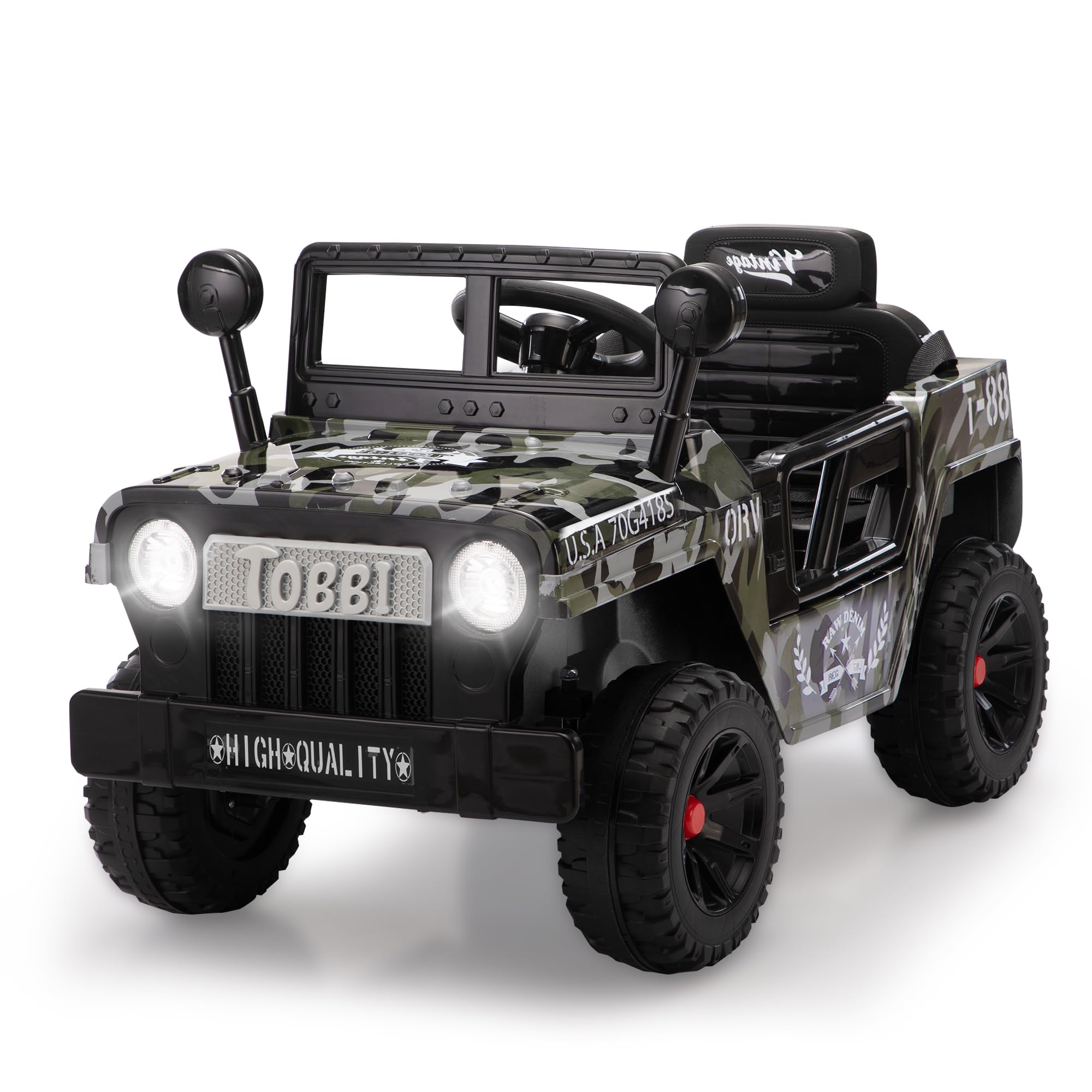 TOBBI 12V Kids Ride On Truck - Electric Battery Powered Toy Car for Toddlers with Off-Road Wheels, Suspension, Horn & LED Lights - Best Gift for Boys & Girls Ages 3-6 (Camouflage Design) - Perfect for Outdoor Play, Birthday Presents & Christmas Gifts