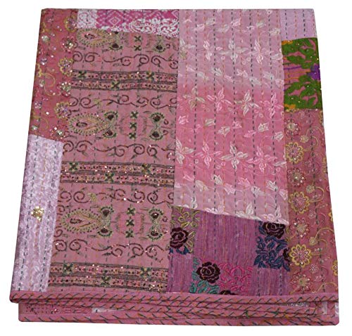 V Vedant Designs Indian Queen Cotton Kantha Quilt Throw Blanket Bedspread - Pink Khambadiya Gudari (220x270 cm) | Soft Handmade Bed Cover for Cozy Nights, Sofa Throw & Boho Home Decor