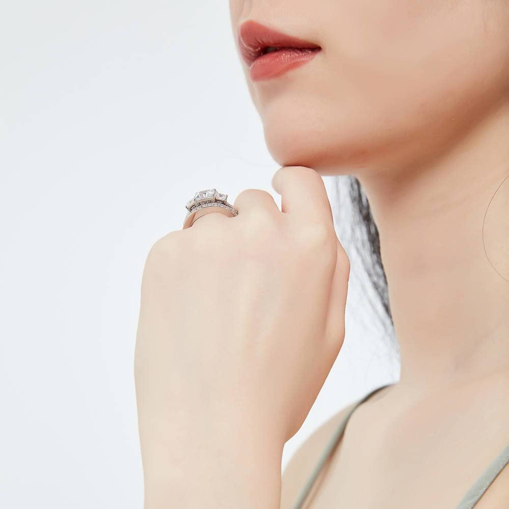 BERRICLE Sterling Silver 3-Stone Princess Cut Cubic Zirconia Engagement Ring Set for Women - 2 Carat CZ Wedding Band, Rhodium Plated Size 4-10 - Perfect for Proposals, Anniversaries & Bridal Jewelry