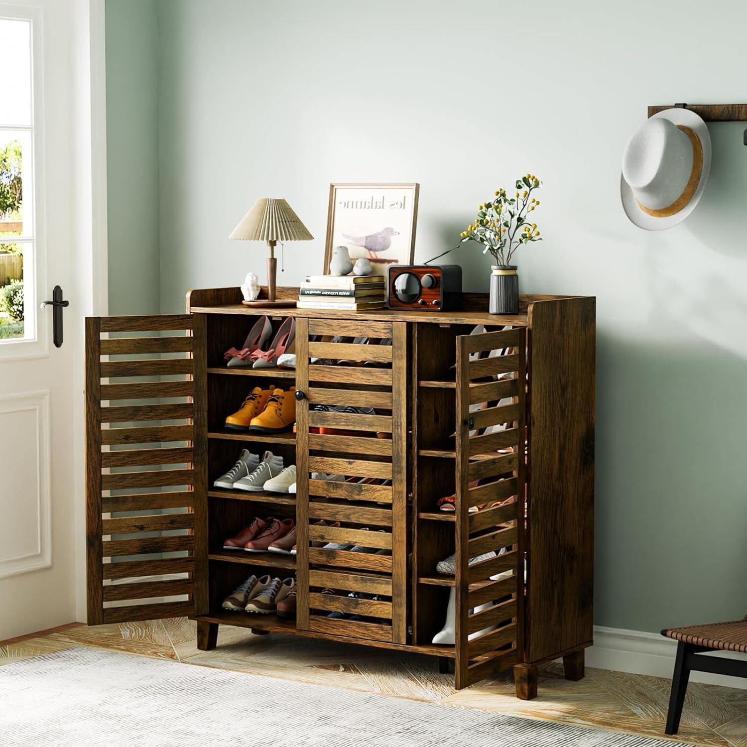 VINGLI 3-Door Hidden Shoe Cabinet Storage Organizer - 5-Tier Adjustable Shelves Freestanding Entryway Shoe Rack for Hallway, Living Room & Bedroom - Rustic Brown Wooden Shoe Storage Cabinet for Home Organization