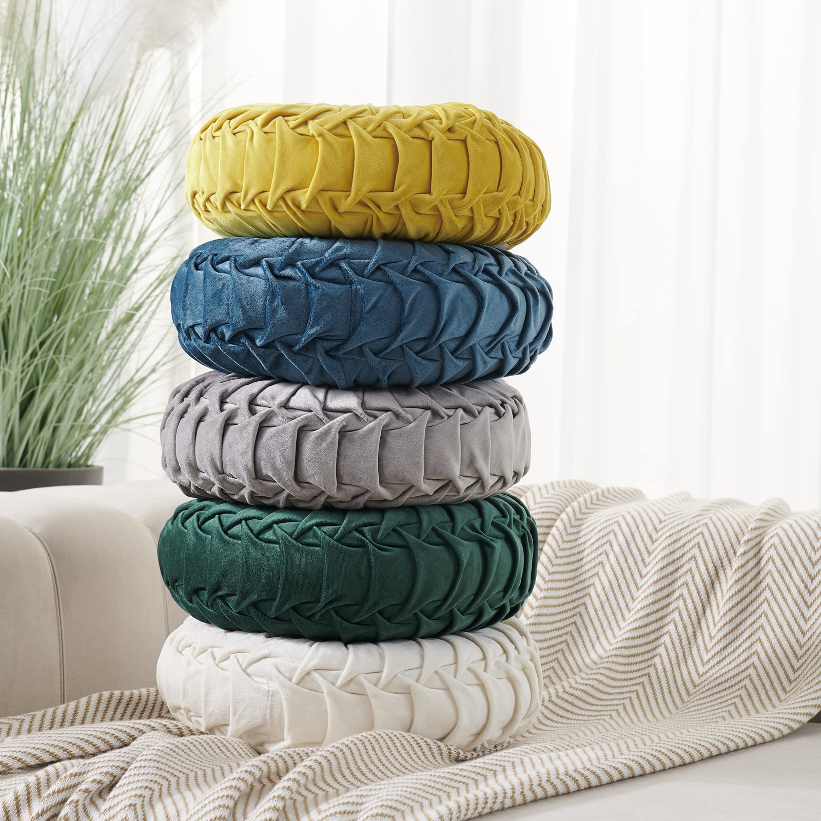 Round Velvet Throw Pillow - 14 Inch Pleated Decorative Cushion for Couch, Chair, Bed & Car - Soft Home Decor Accent in Dark Green - Perfect for Living Room, Bedroom & Office Decor