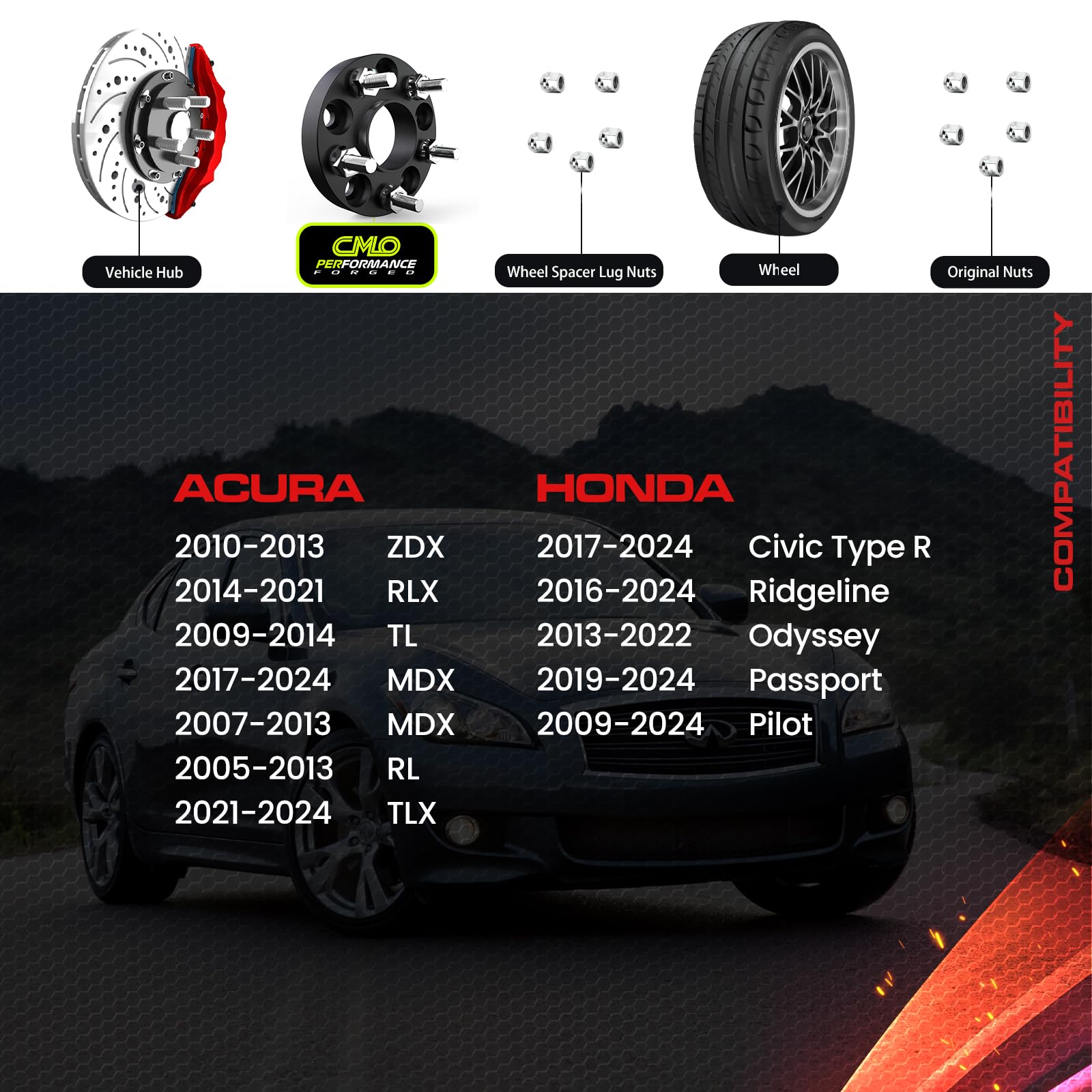 25mm (1 Inch) Hubcentric Black Wheel Spacers 5x120 - Compatible with Acura MDX, ZDX, RLX, TL & Honda Civic Type R, Ridgeline, Odyssey, Passport, Pilot (2pcs, 64.1mm, M14x1.5) - Perfect for Enhanced Stance, Improved Handling & Custom Wheel Fitment