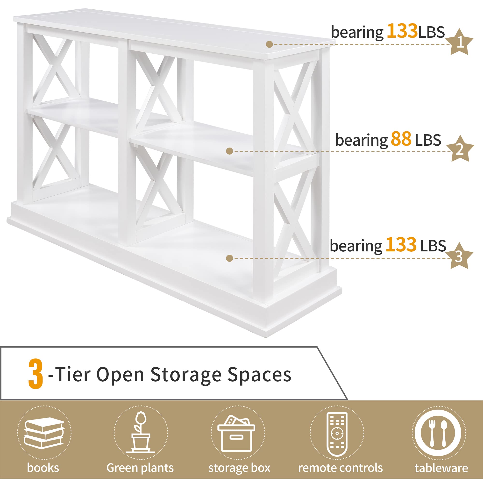 Modern White Console Table with 3-Tier Open Storage & X-Shaped Legs - Narrow Sofa Table, Side Table, Entryway Table for Living Room, Hallway, Bedroom - Perfect for Small Spaces & Home Organization