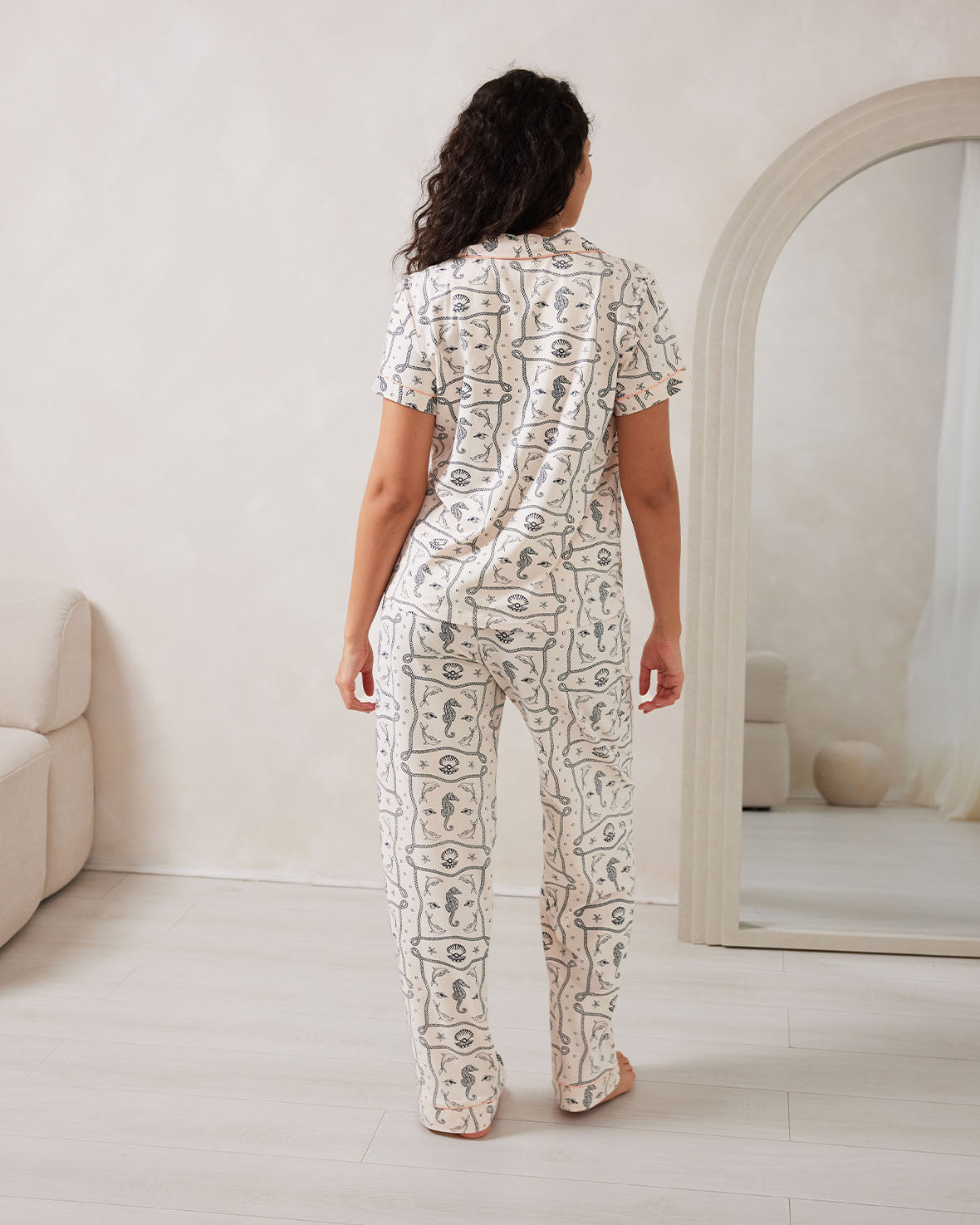 Organic Cotton Under the Sea Print Long Pajama Set - Soft & Comfortable Sleepwear for Women, Cute Ocean Theme Loungewear for Home & Vacation