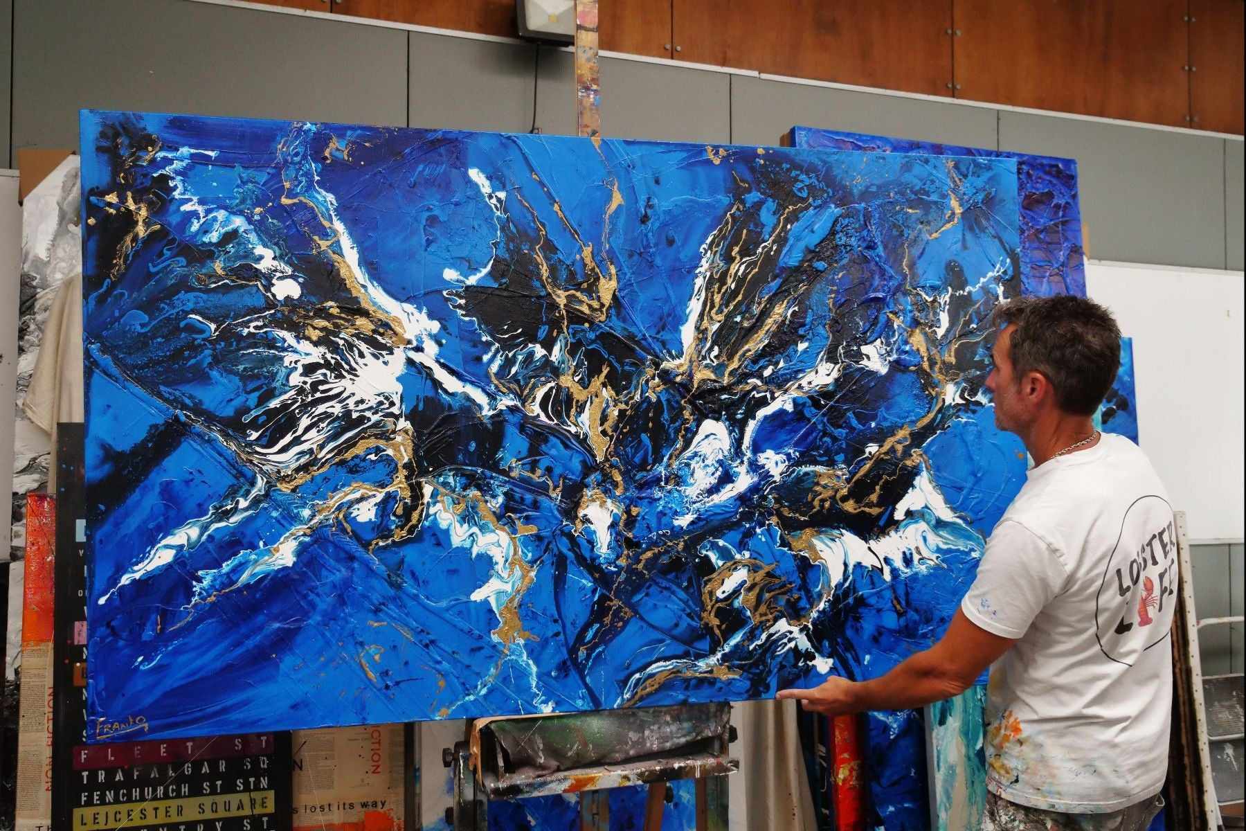 Gilded Sapphire Blue and Gold Abstract Textured Canvas Painting - 200cm x 120cm Large Wall Art for Living Room, Bedroom & Office Decor