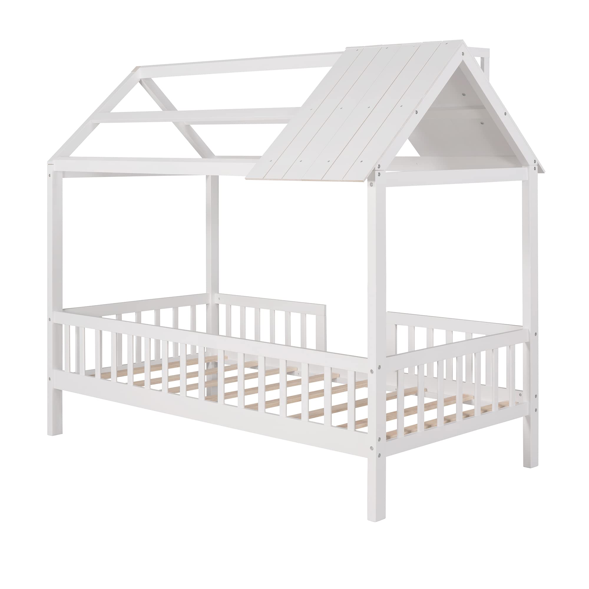 Harper & Bright Designs Twin House Bed for Kids - Wooden Cabin Playhouse Bed Frame with Roof & Fence for Boys & Girls, No Box Spring Needed, White - Perfect for Bedroom, Playroom & Kids' Fantasy Adventure Space