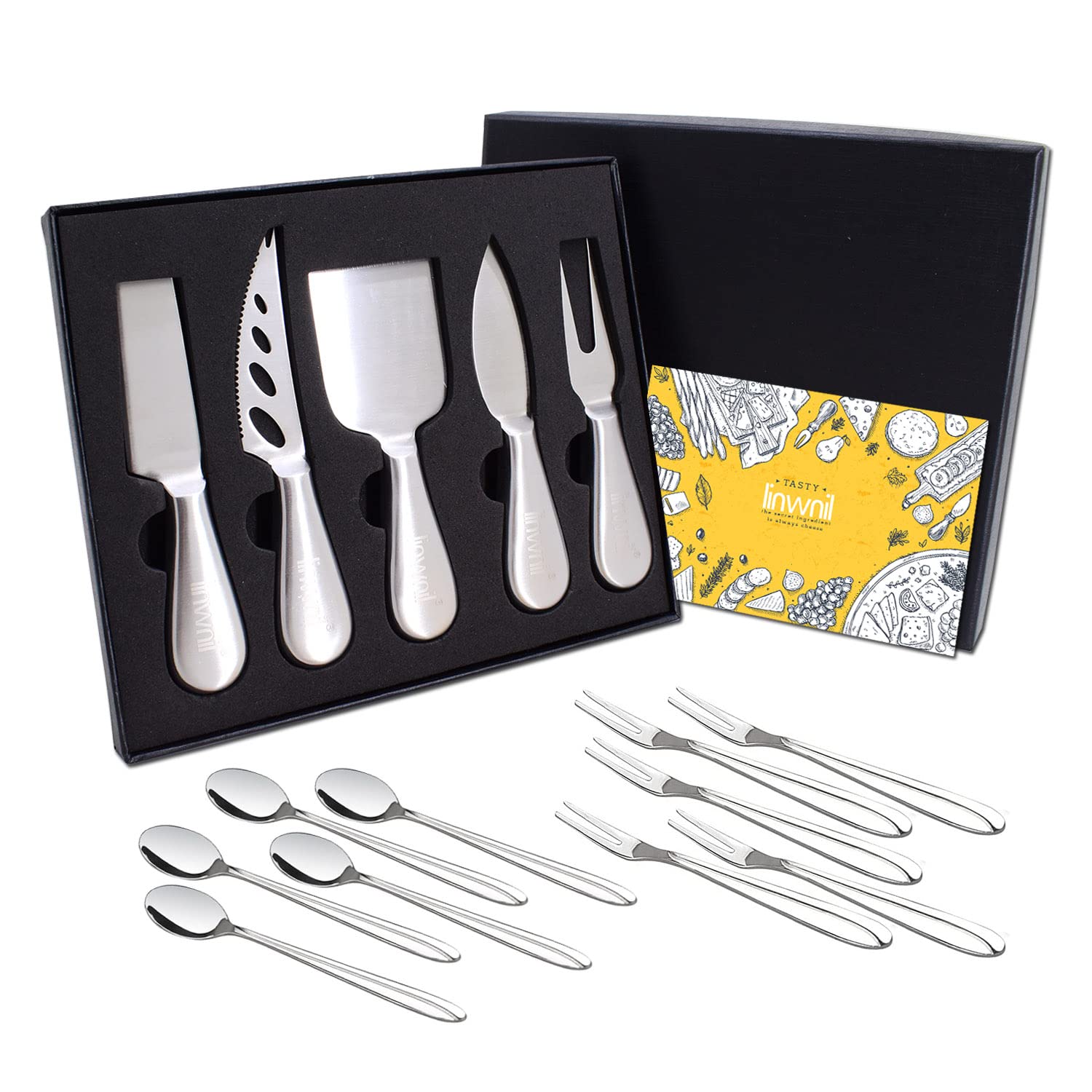 Premium 5-Piece Cheese Knife Set with Gift Box - Stainless Steel Cheese Butter Spreader & Slicer Knives, Includes 5 Coffee Spoons & 5 Fruit Forks - Perfect for Wine Parties, Charcuterie Boards & Gourmet Cheese Tasting
