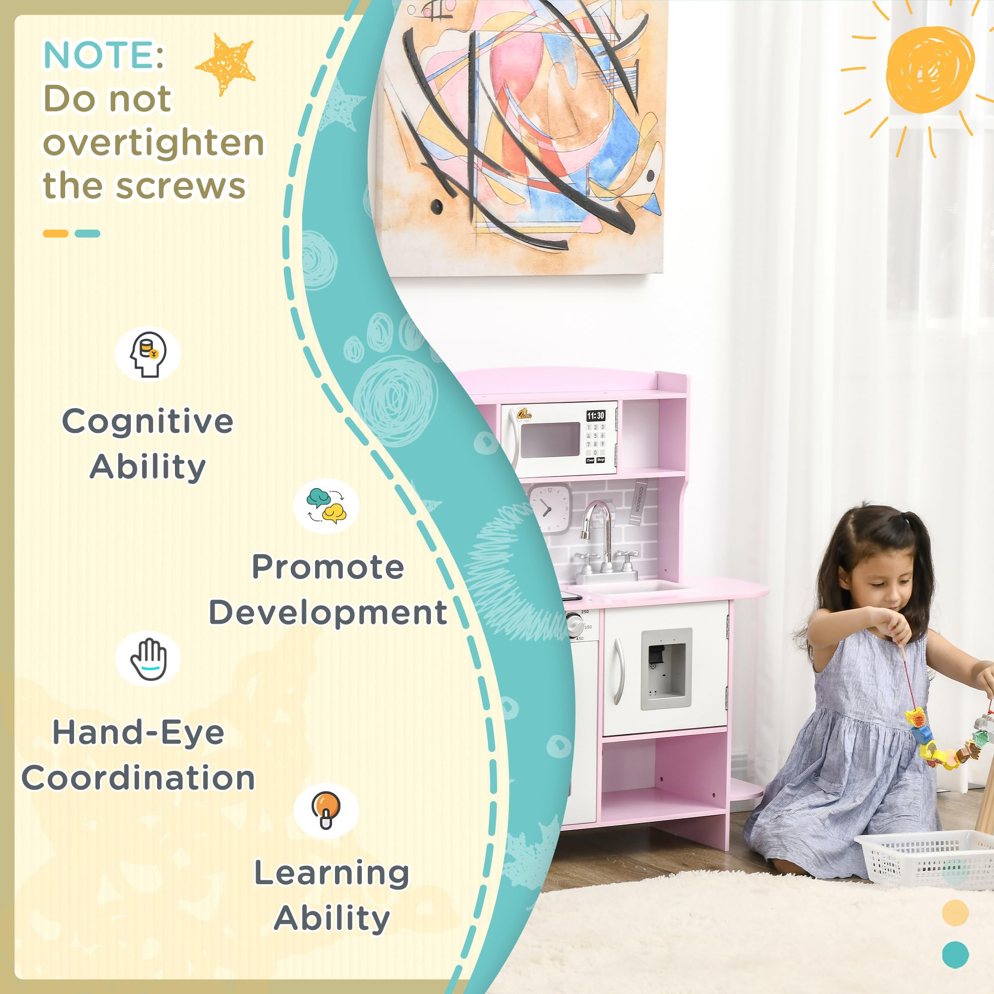 Qaba Kids Pretend Play Kitchen Toy Set - Realistic Design with Stove Lights, Storage & Water Dispenser - Educational Cooking Playset for Toddlers Ages 3-6 (Pink) - Perfect for Role Play, Birthday Gifts & Preschool Learning Activities