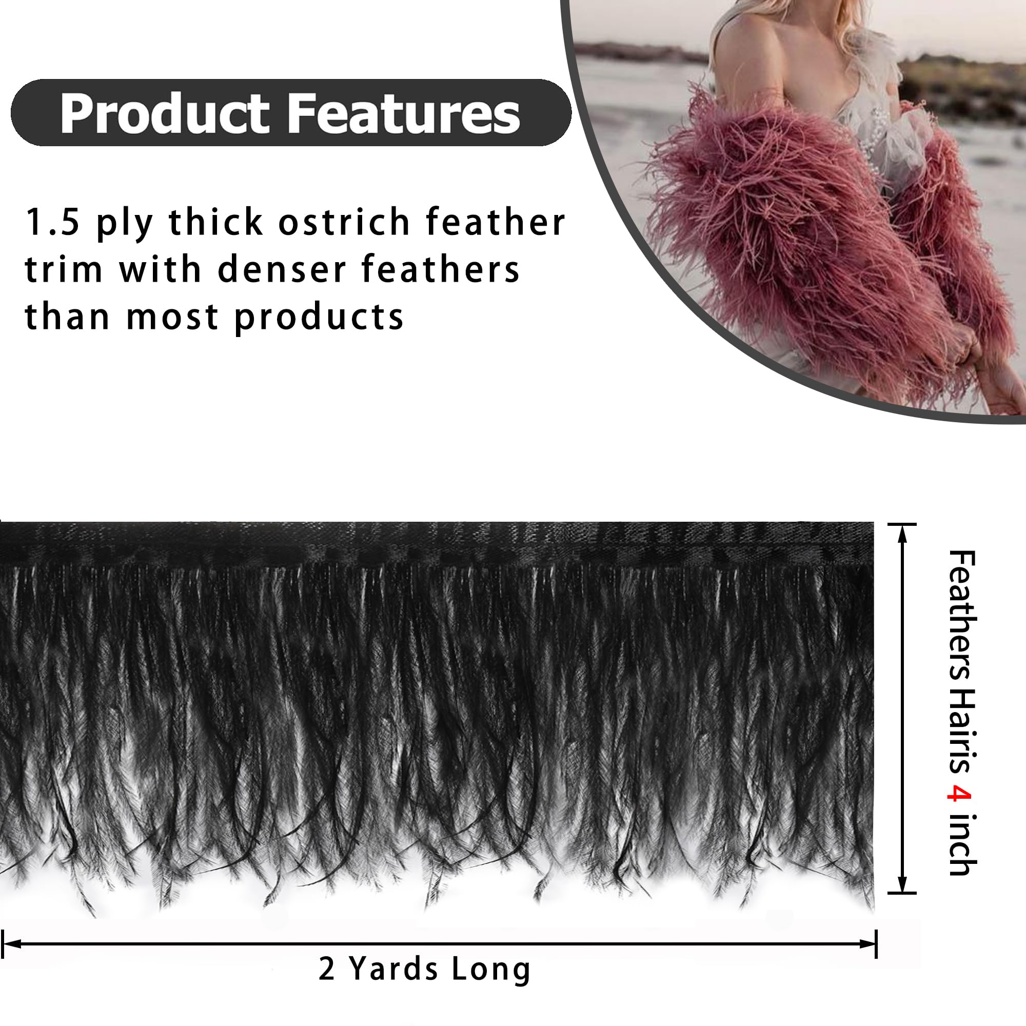 Black Ostrich Feather Trim - 1.5Ply 2 Yards 4 Inch Feather Fringe Ribbon for Sewing, Dresses, DIY Crafts, Halloween Costumes & Holiday Dance Parties | Perfect for Costume Design, Home Decor, Fashion Accessories & Party Decorations