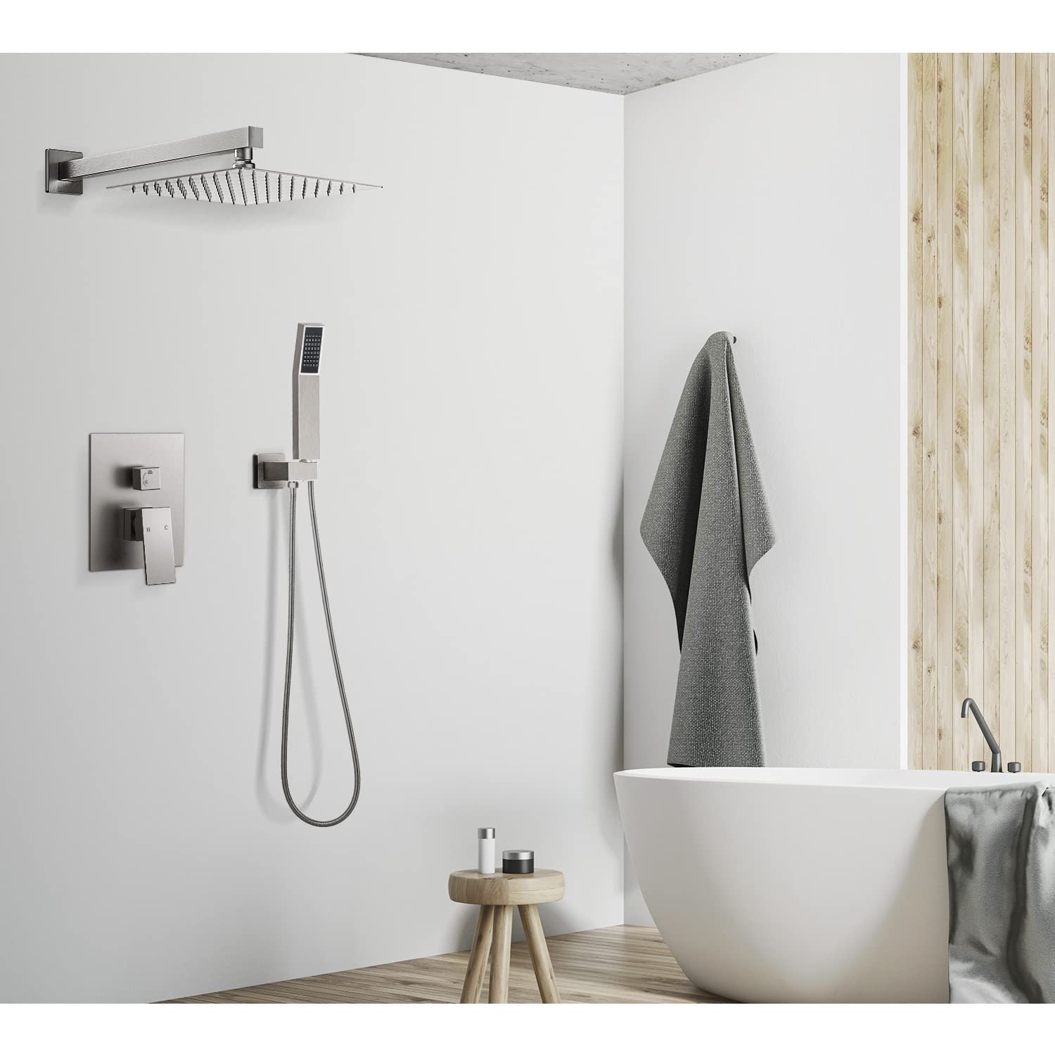 Premium Rainfall Shower System - 12 Inch Rain Shower Head & Handheld Square Shower Combo, Brushed Nickel Wall Mount Faucet with Pressure Balance Valve for Luxurious Spa-Like Bathroom Experience