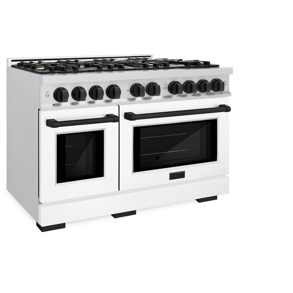 ZLINE Autograph Edition 48-Inch 6.7 cu. ft. Double Oven Gas Range with 8-Burner Cooktop - Satin Stainless Steel, White Matte Doors & Black Accents (HGRSZ WM 48 MB) | Professional Kitchen Appliance for Home Chefs & Cooking Enthusiasts