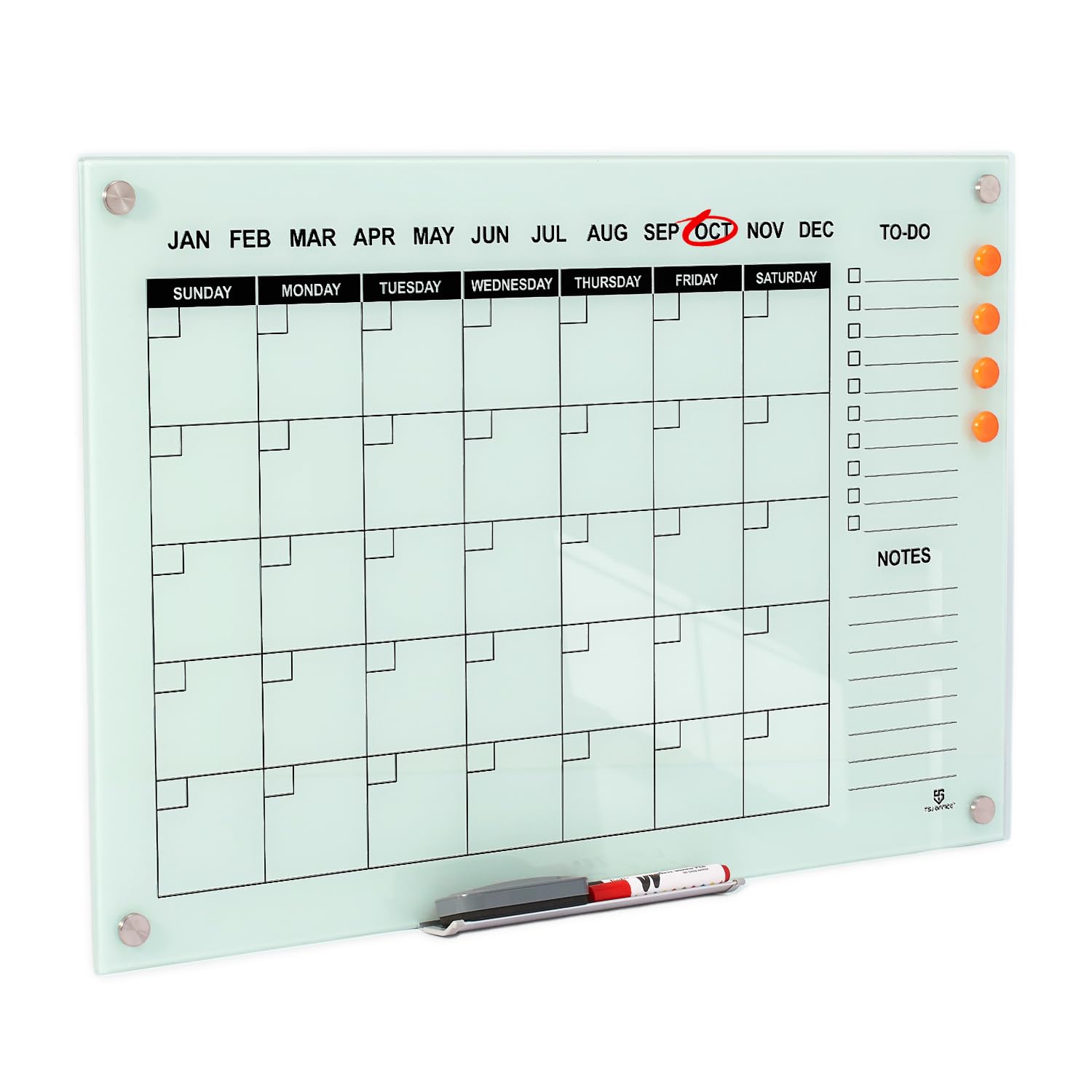 TSJ OFFICE 36 x 24 Inches Magnetic Glass Whiteboard - Monthly Dry Erase Calendar for Wall, Large Glass White Board for Office, Home & School - Perfect for Scheduling, Planning & Organizing Tasks
