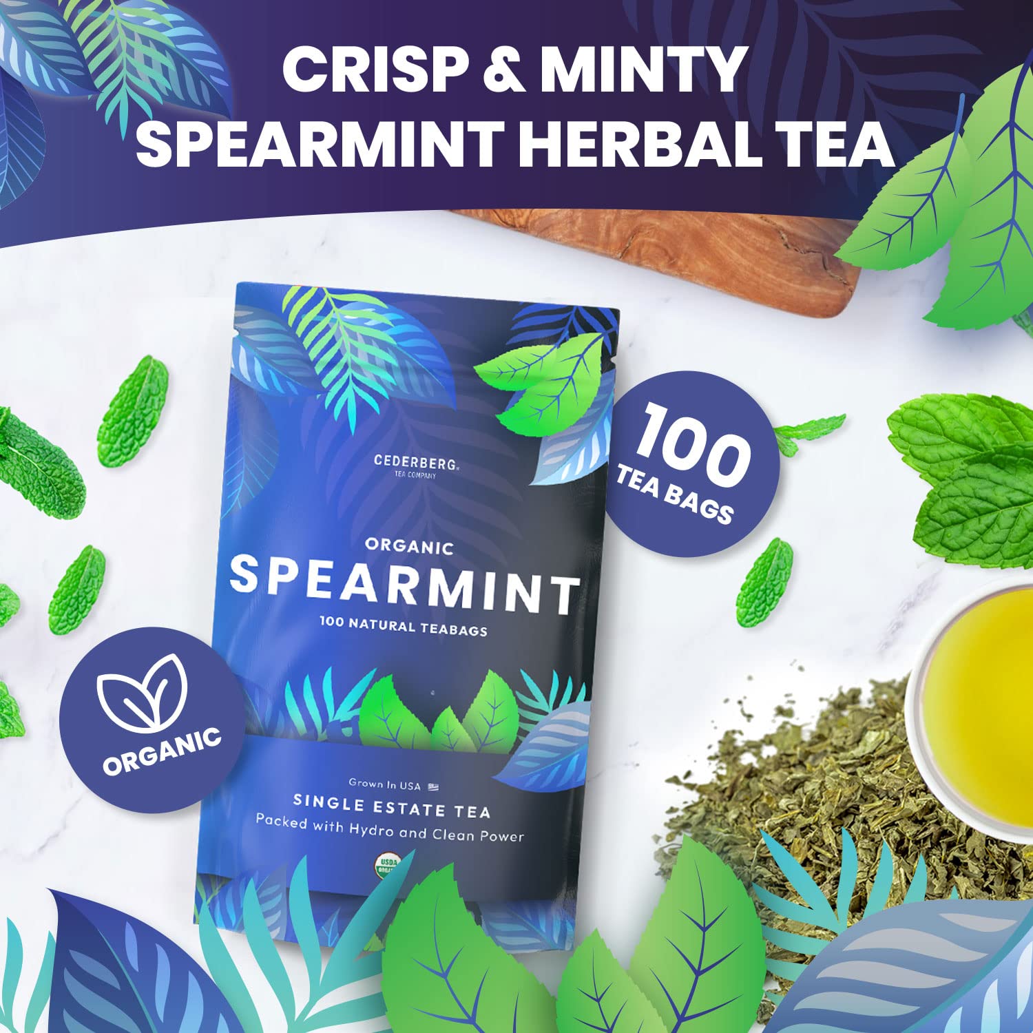 Organic Spearmint Herbal Tea - 100 Natural Caffeine-Free Tea Bags | USDA Certified | Eco-Friendly & Non-GMO | Grown in USA by Cederberg Tea Company | Perfect for Relaxation, Digestion & Stress Relief