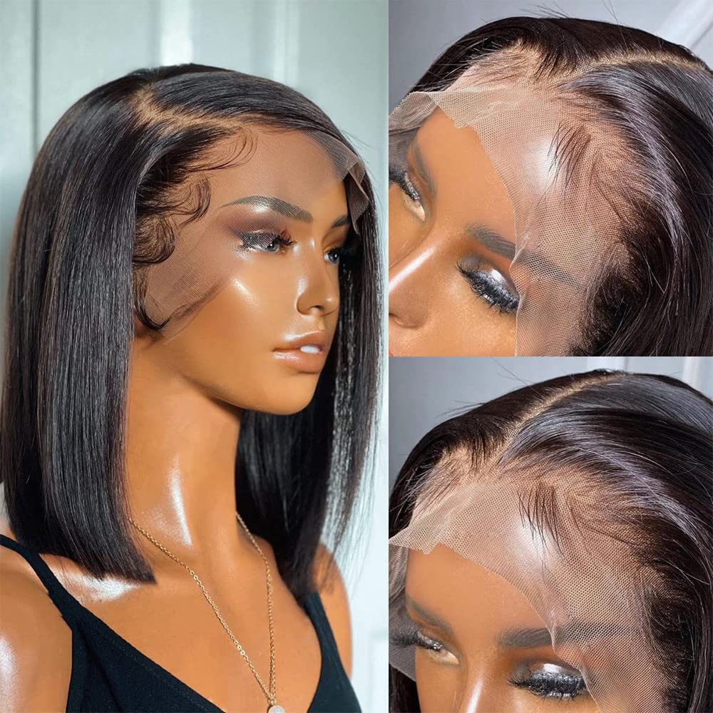 13x4 Lace Frontal Bob Wig Human Hair - Short Straight Pre Plucked Hairline with Baby Hair 150% Density Glueless Lace Closure Wig for Black Women (8