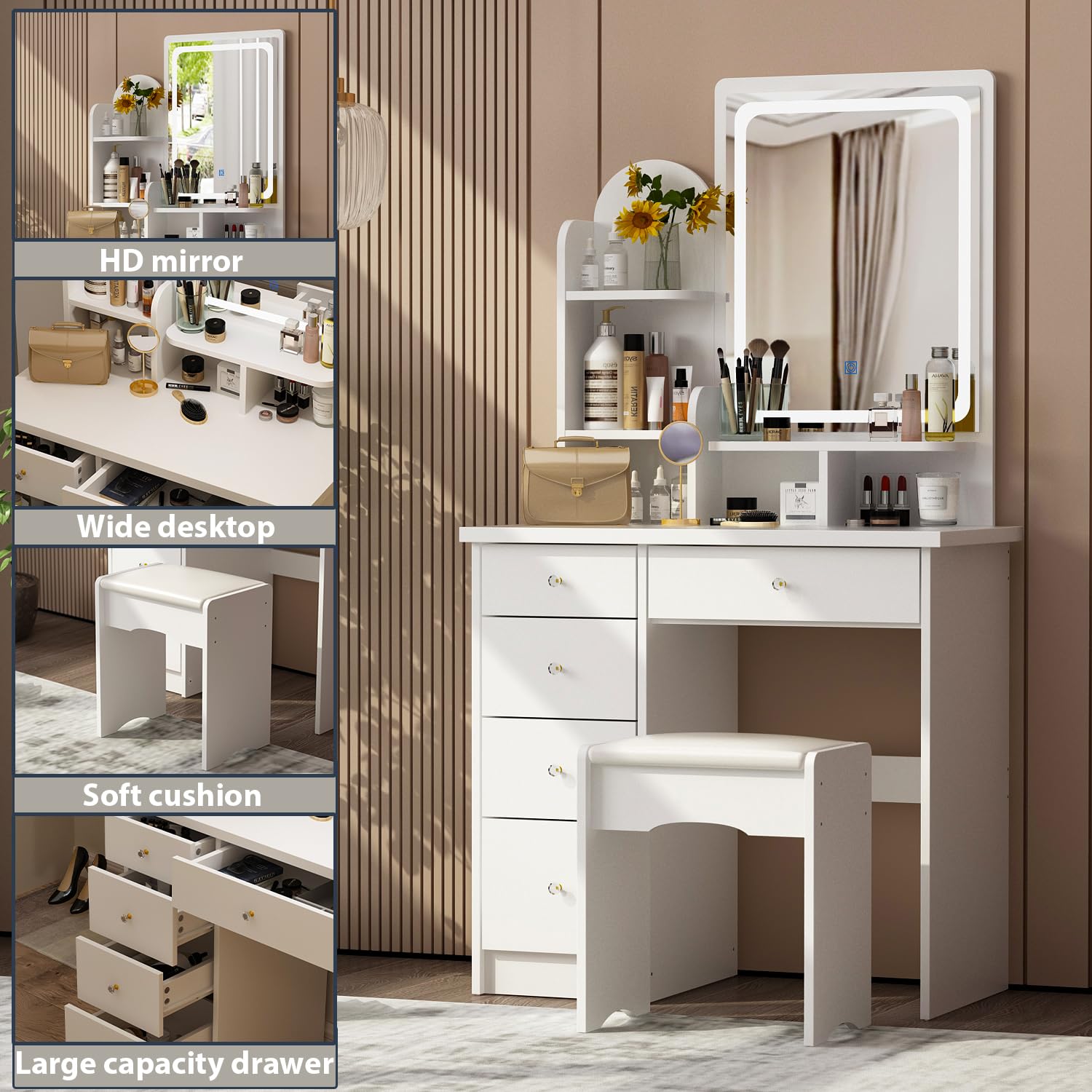 Vanity Table Set with LED Lighted Mirror, Makeup Dressing Table with 3 Shelves & 5 Drawers - White Glamour Dresser Desk for Women & Girls | Perfect for Bedroom, Dorm Room & Beauty Salon Organization