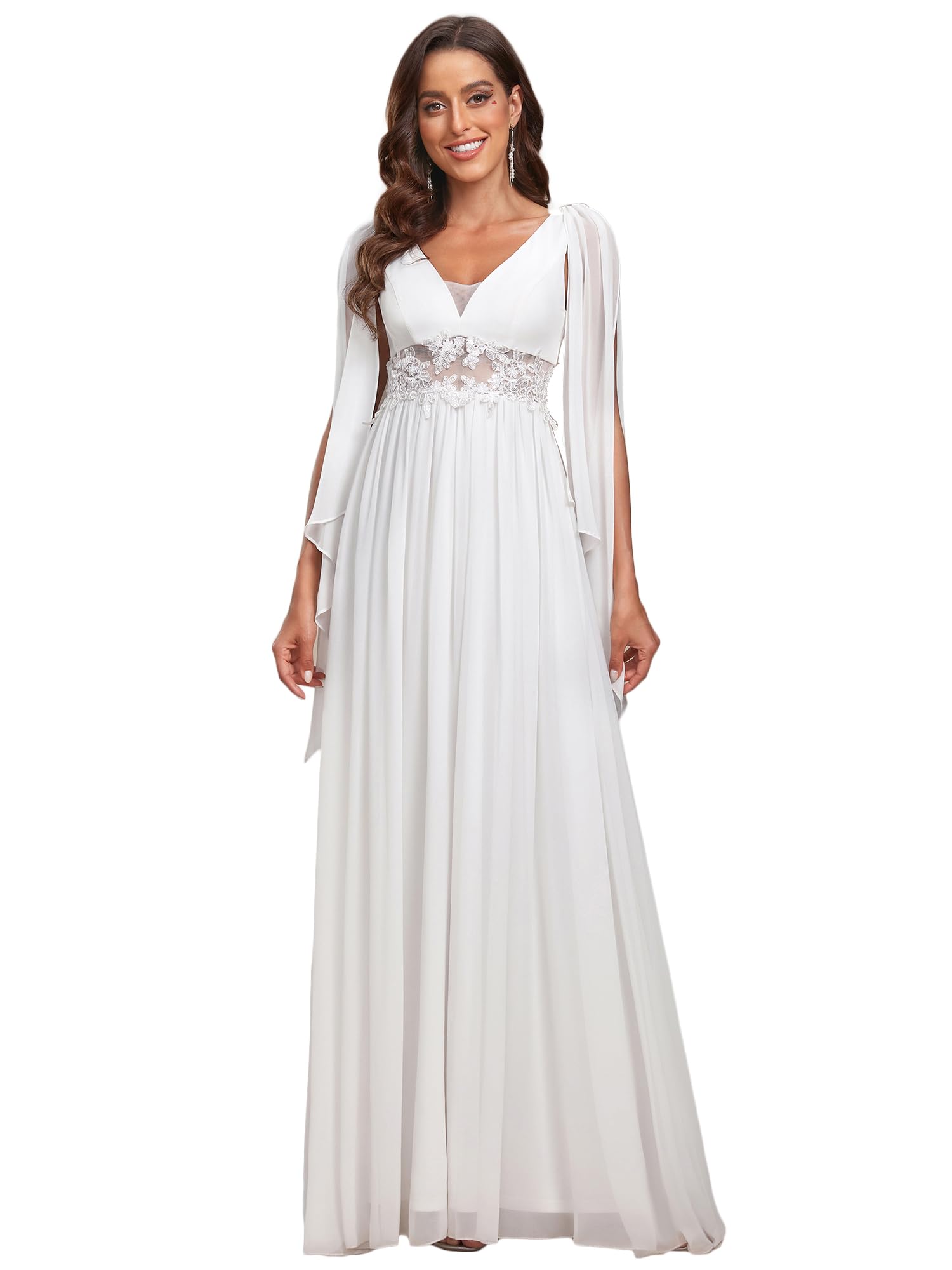Ever-Pretty Women's Illusion Long Sleeve Chiffon Wedding Dress with Appliques - Style 90330 | Elegant Bridal Gown for Church, Beach & Outdoor Ceremonies