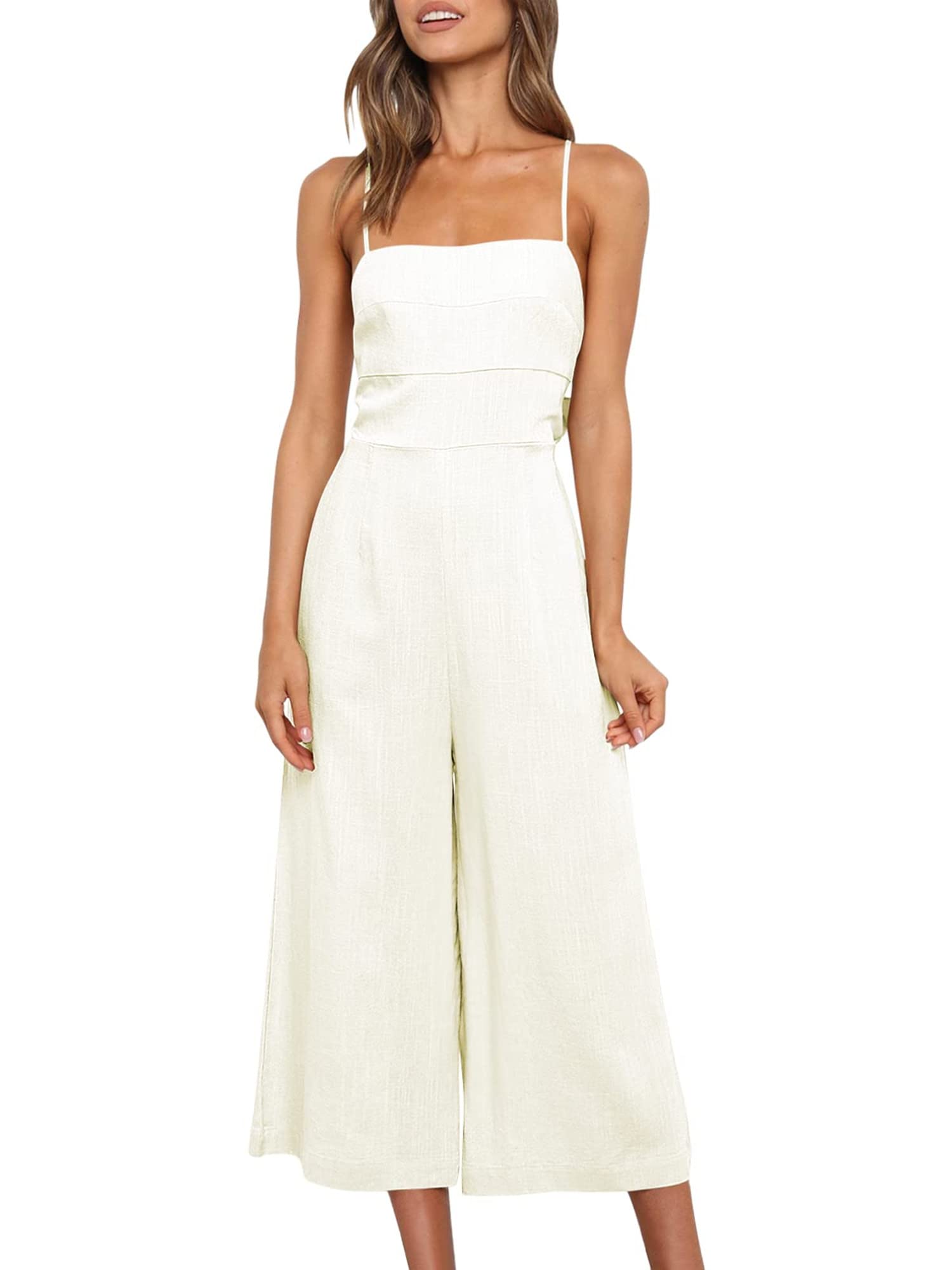 Women's Casual Loose Spaghetti Strap Jumpsuit - Sleeveless High Waist Wide Leg Romper with Pockets | Perfect for Summer, Beach, Vacation & Everyday Wear