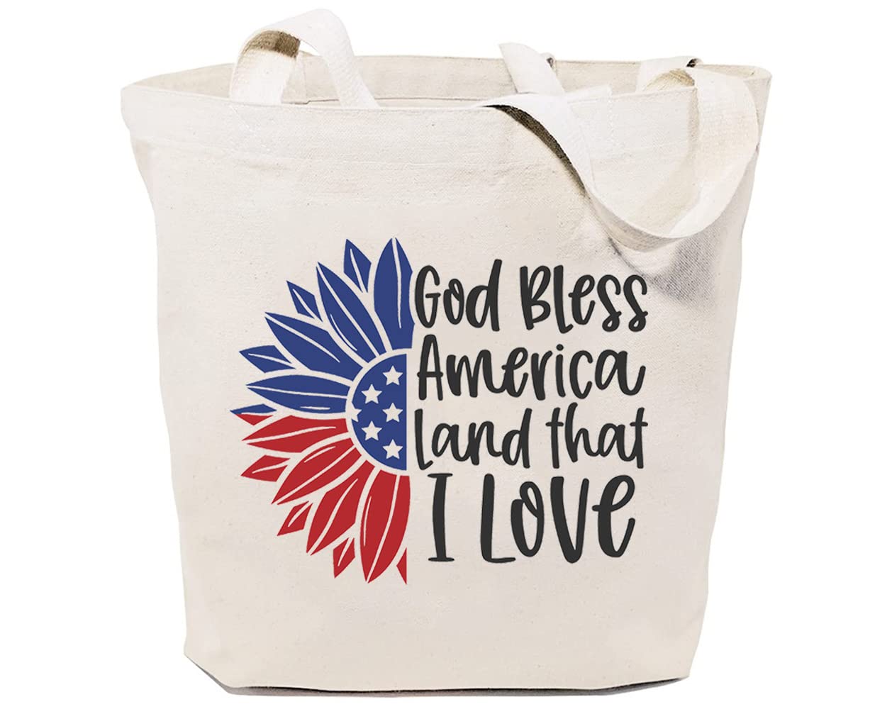 God Bless America Land That I Love Canvas Tote Bag - Reusable Grocery Shopping Bag for Women with Sunflower Design - Perfect for Farmers Market, Beach Trips & Everyday Use