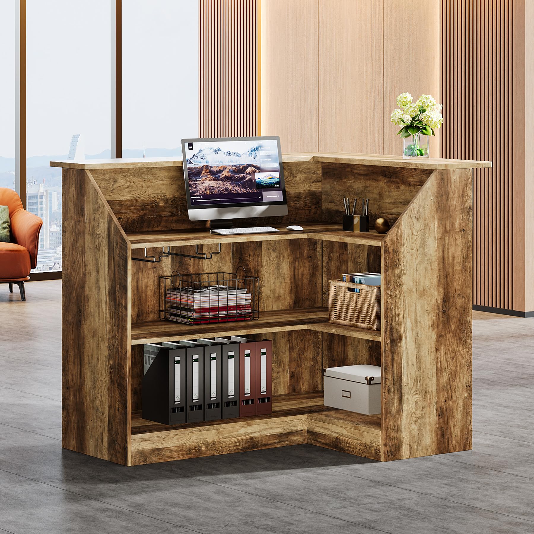 Tribesigns L-Shaped Reception Desk with Storage Shelves - Modern Office Front Counter for Small Business, Salon, Hotel & Retail Checkout (Brown) - Perfect for Space-Saving Workstations & Professional Client Greetings