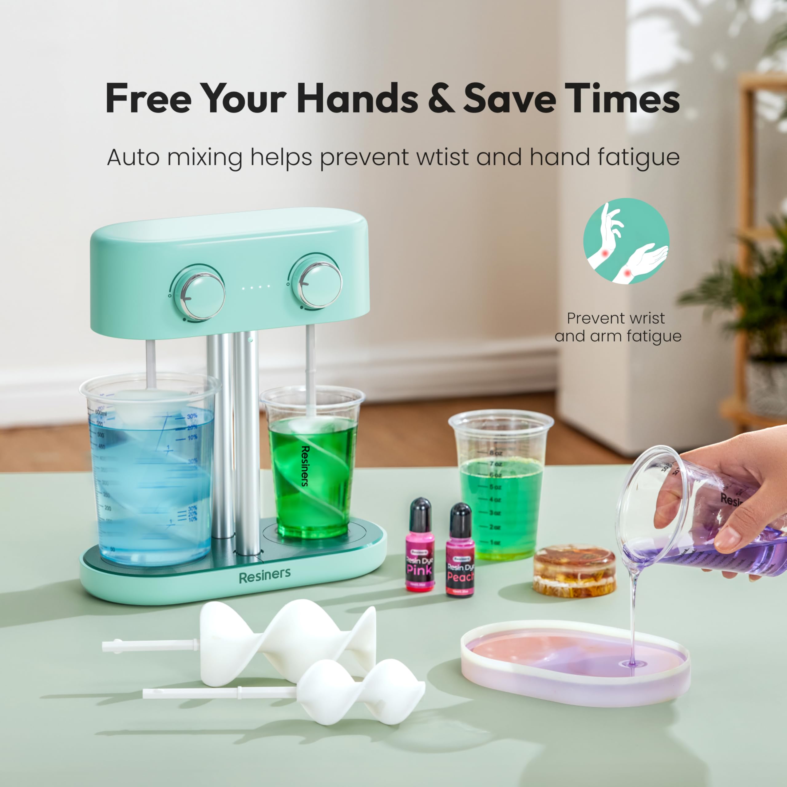 Dual-Head Rechargeable Epoxy Resin Mixer - Stepless Speed Control & Bubble-Free Mixing for Resin, Silicone, Paint, Soap Making - Perfect for DIY Crafts, Jewelry Making, and Art Projects (Patented)