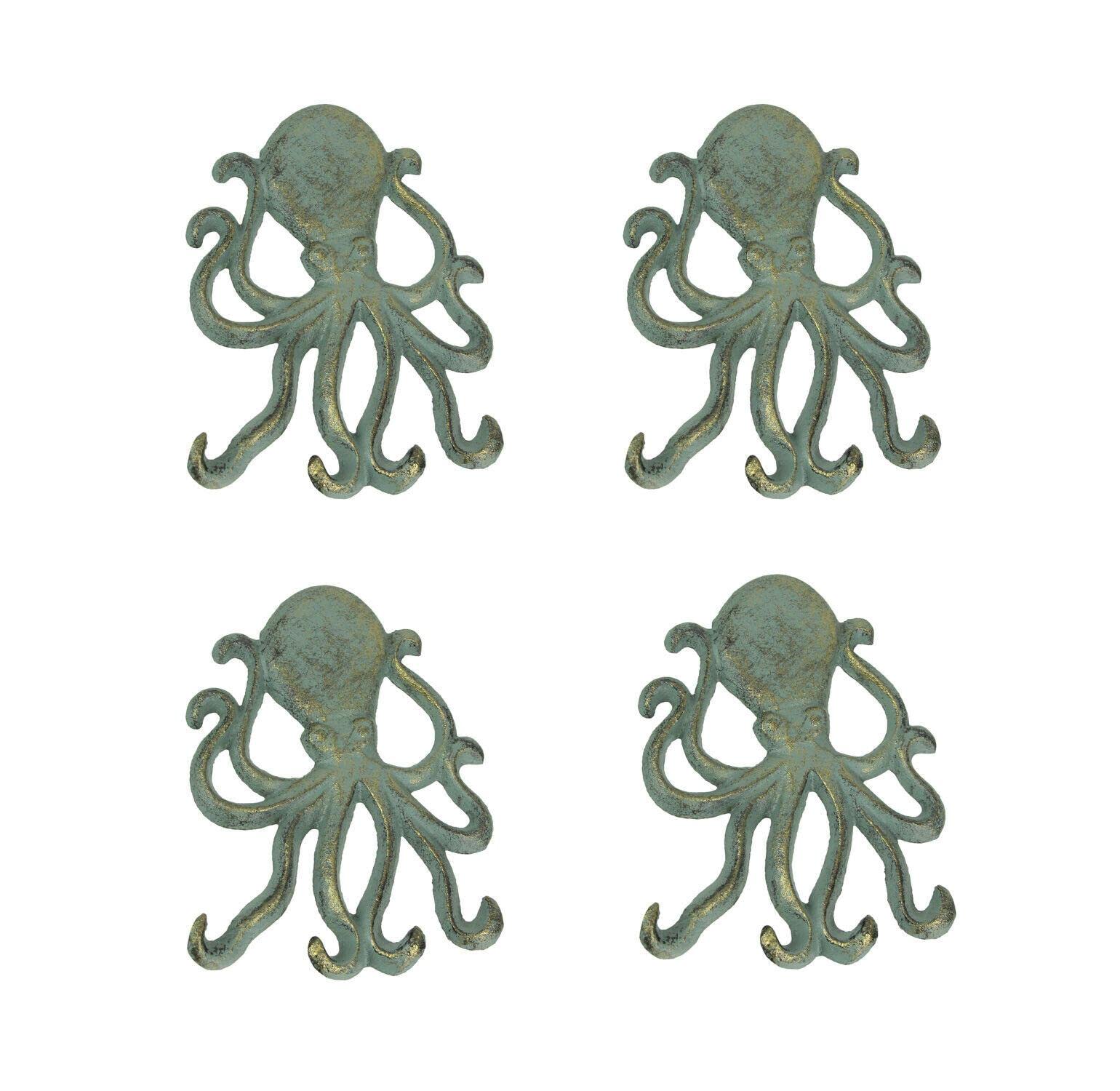 TratoKS Set of 4 Cast Iron Octopus Wall Hooks - Nautical Bathroom Decor, Rustic Towel Rack with Unique Sea Creature Design - Perfect for Beach House, Coastal Bathroom, or Marine-Themed Home Decor
