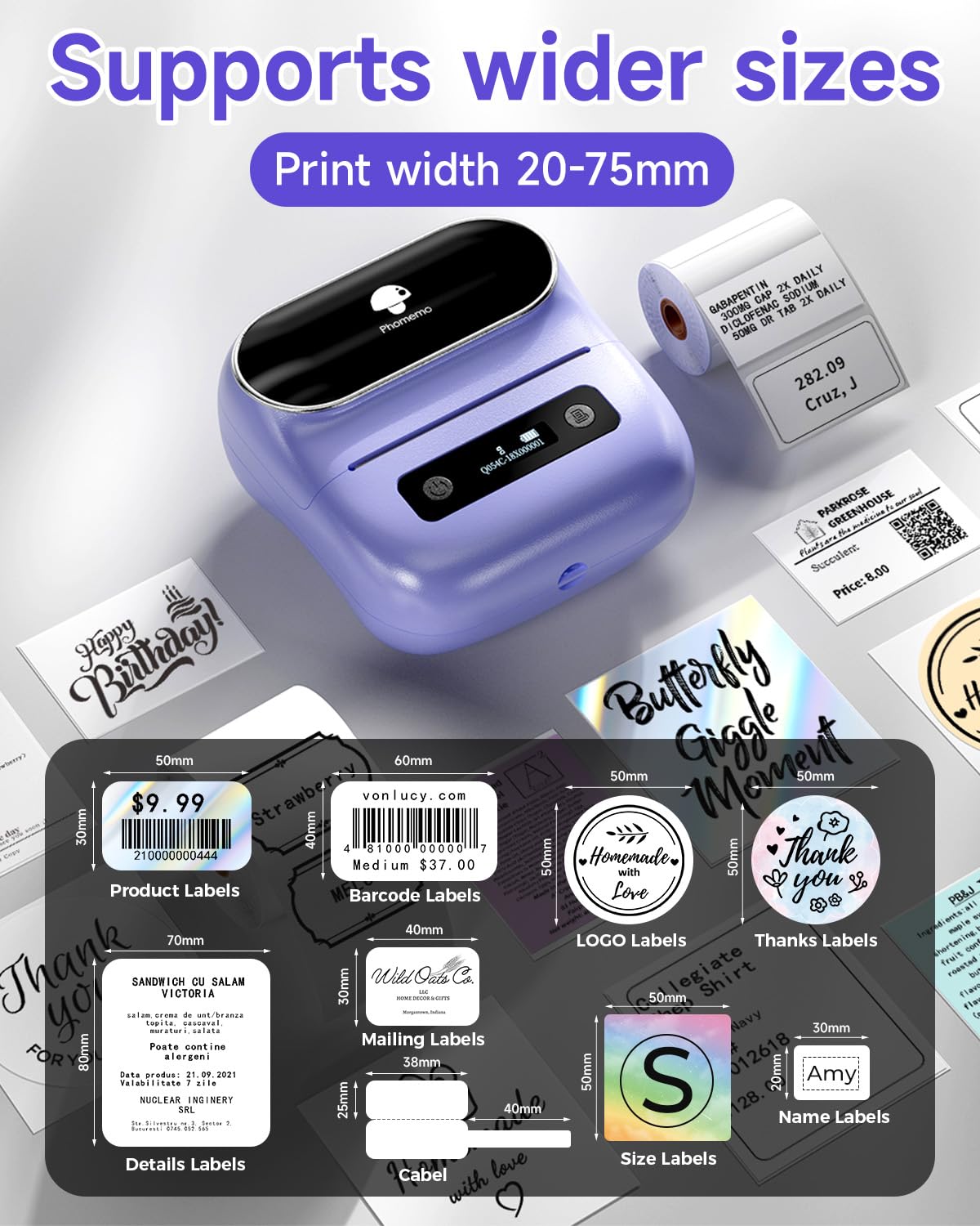 Phomemo M220 Bluetooth Thermal Label Printer - Wireless Barcode, Address & Mailing Label Maker for Home, Small Business & Clothing Stores | Portable Purple Label Machine with 1 Roll Included | Perfect for Shipping, Inventory & Organization