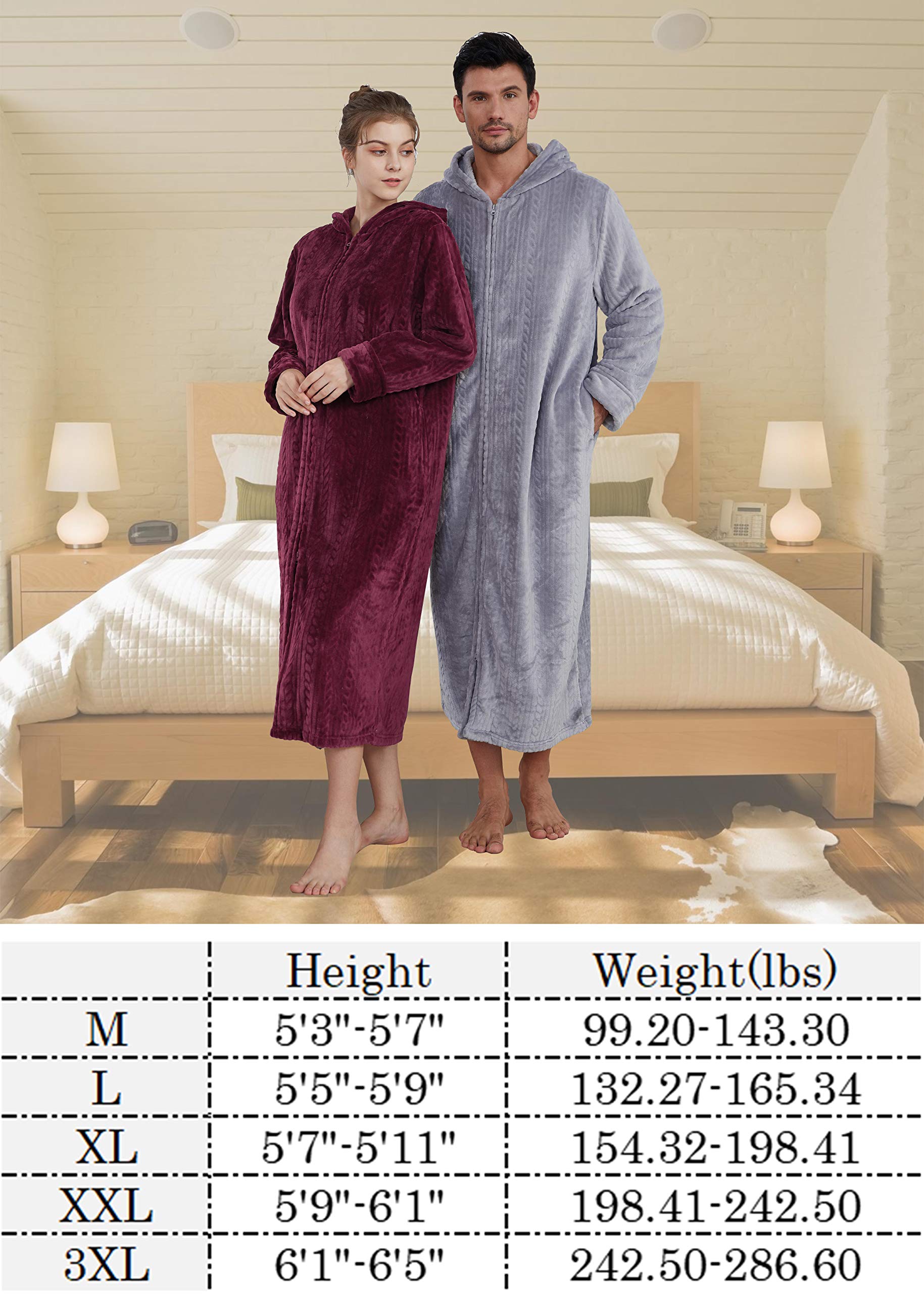 Women's Soft Fleece Hooded Bathrobe - Long Zip Up Sleepwear for Winter, Warm Couple Spa Robe - Plus Size XL - Perfect for Lounging, Relaxing at Home & Spa Days