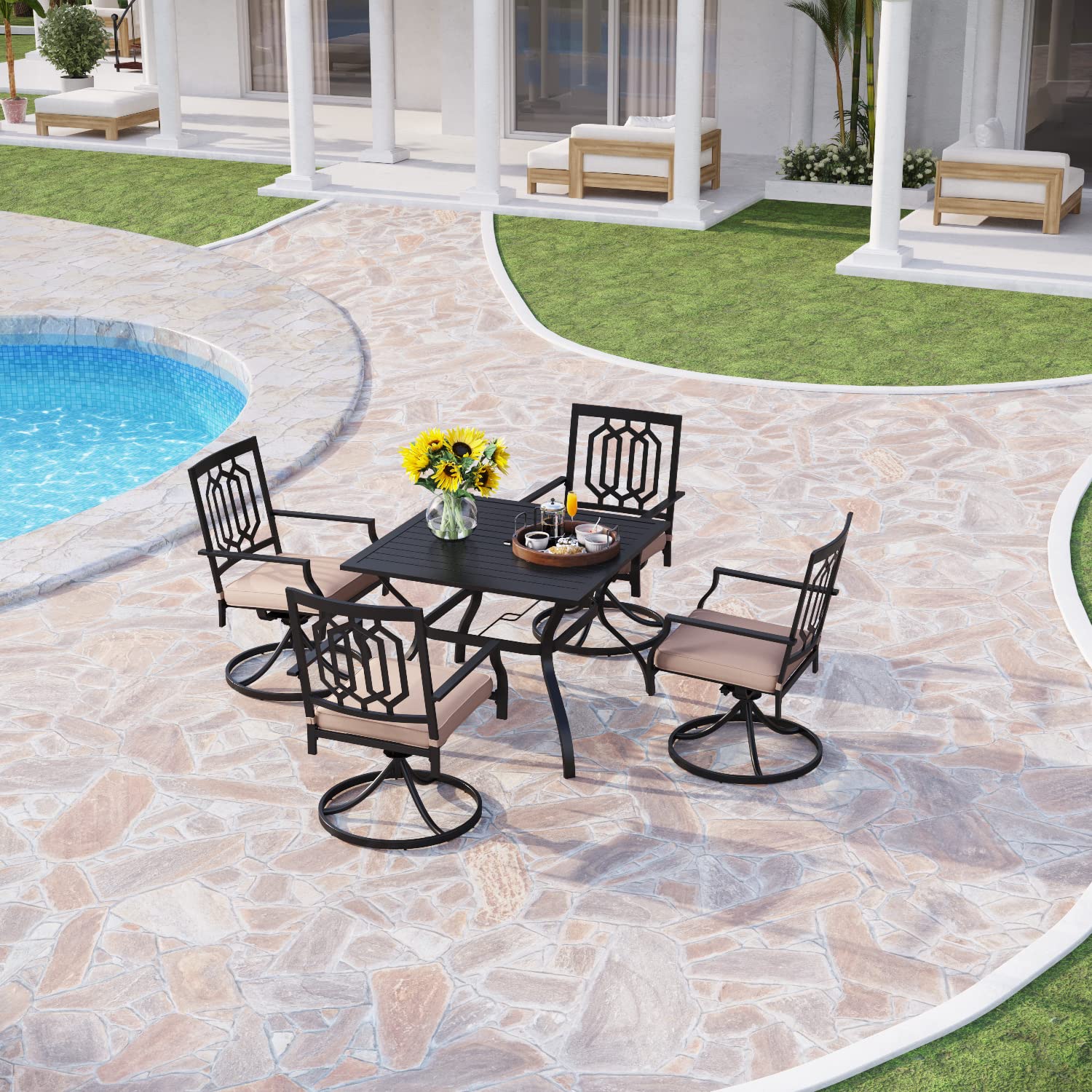 PHI VILLA 4-Piece Outdoor Metal Swivel Rocking Chair Set with Cushions - Patio Dining & Garden Furniture for Backyard, Bistro, Poolside - Black (Weather-Resistant & Comfortable)