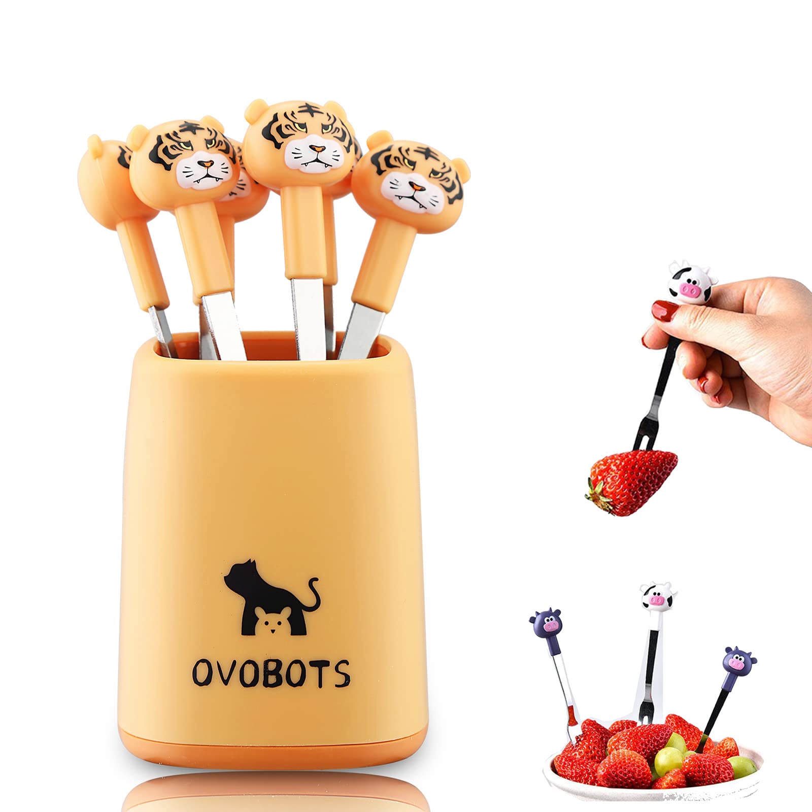 OVOBOTS 6-Piece Stainless Steel Dessert Forks Set with Holder - Cute Cartoon Animal Fruit Forks for Kids Party, Baby Shower & Birthday Decor (Orange Tiger Design) - Perfect for Ice Cream, Cake, Fruit Snacks & Party Platters