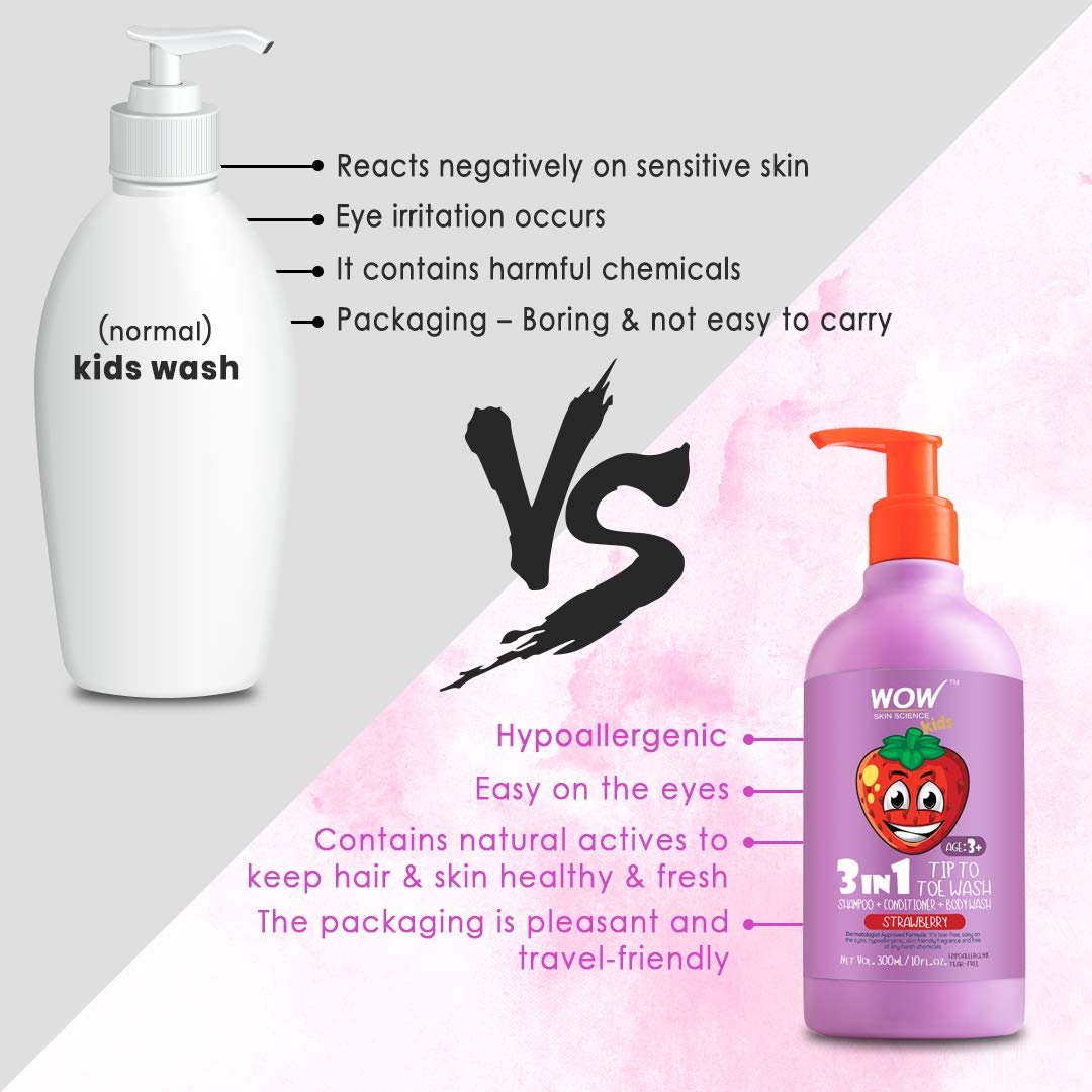 Kids Tip To Toe Wash - Shampoo, Conditioner & Body Wash - Strawberry 300ml - Paraben-Free for Gentle Bath Time