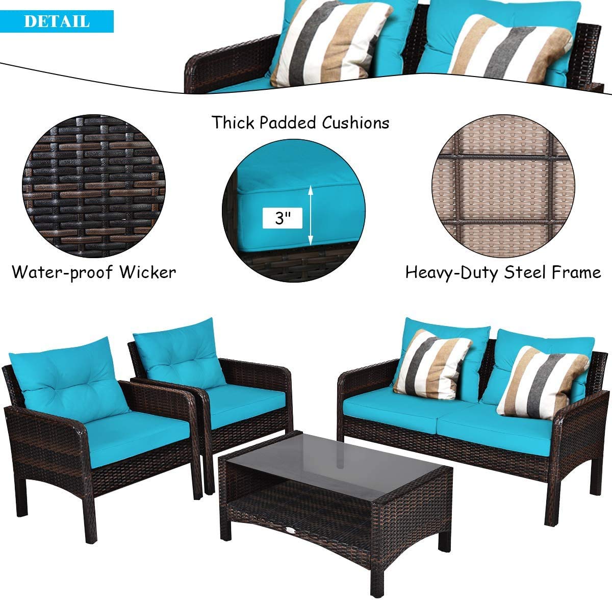 HappyGrill 4-Piece Outdoor Patio Furniture Set - Rattan Wicker Sectional Sofa with Coffee Table & Cushions - Perfect for Garden, Poolside, Backyard, and Balcony Relaxation
