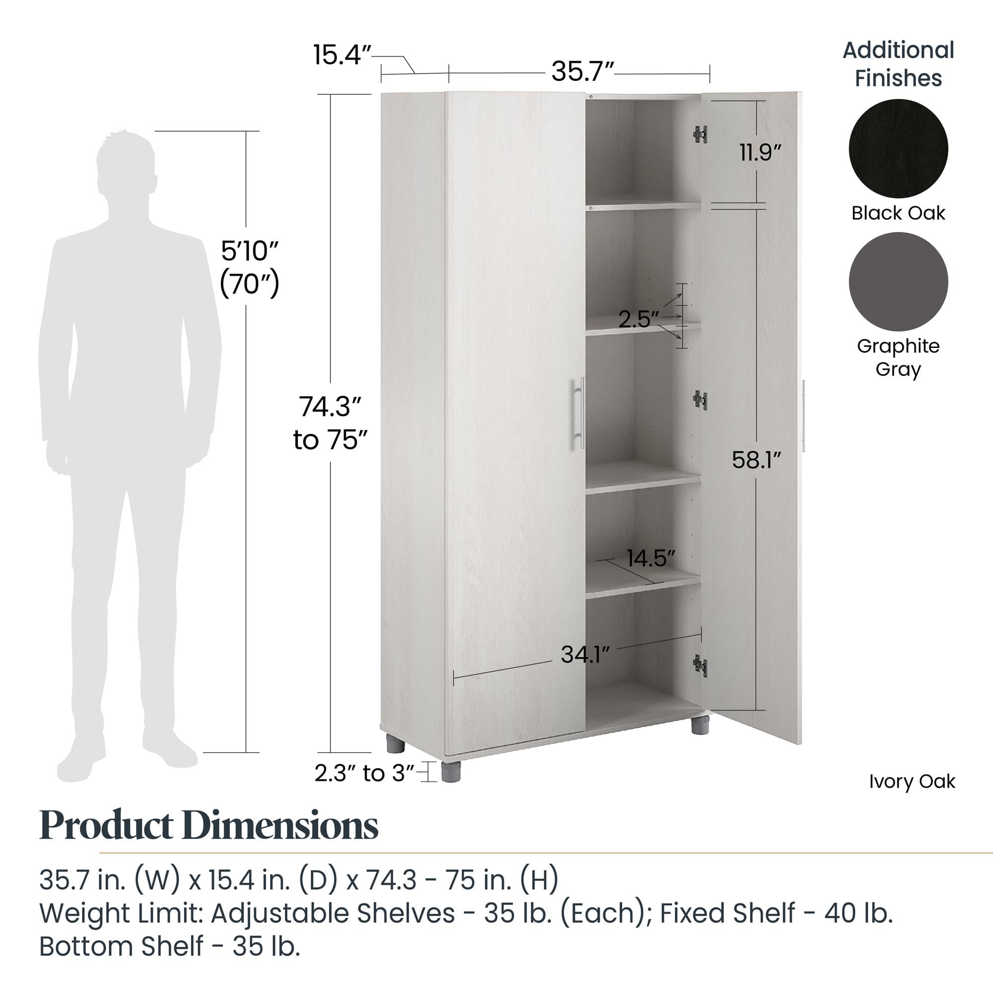 SystemBuild Evolution Camberly 36-Inch Black Oak Storage Cabinet - Organize Home Office, Garage, or Workshop with Durable Shelving Unit