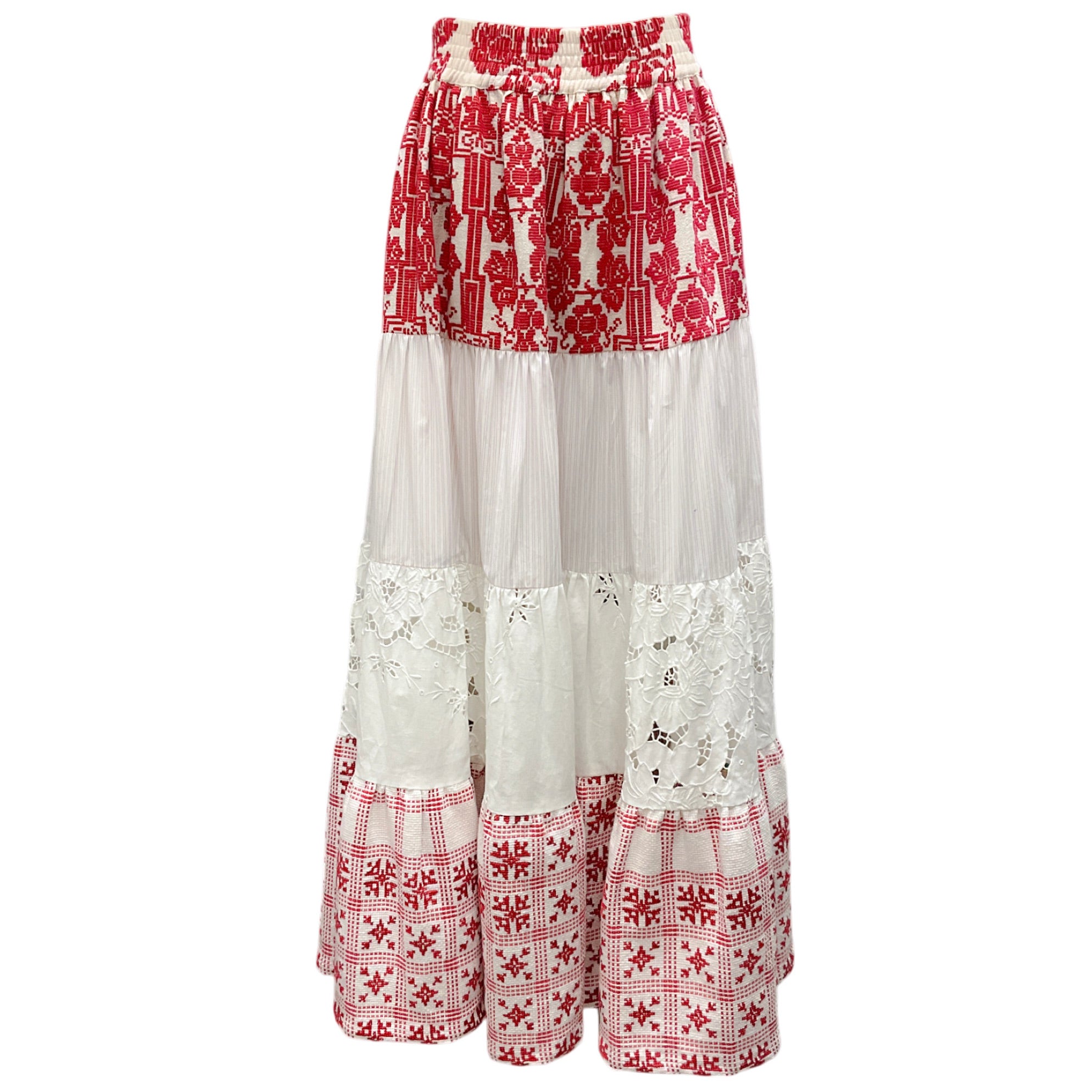 Rianna & Nina Women's White and Red Cotton Maxi Skirt - Boho Floral Print Long Skirt for Beach, Vacation, and Summer Outfits