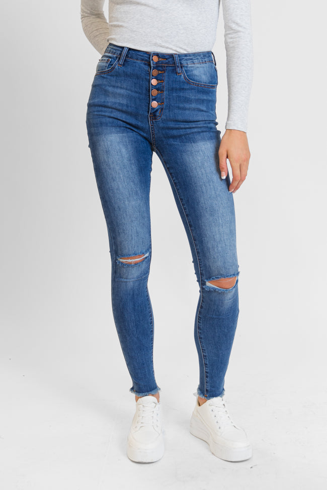 Chelsie Medium Wash Busted Knee Tall Skinny Jeans for Women - Distressed Denim Pants with Ripped Details | Perfect for Casual Outfits, Streetwear & Everyday Wear