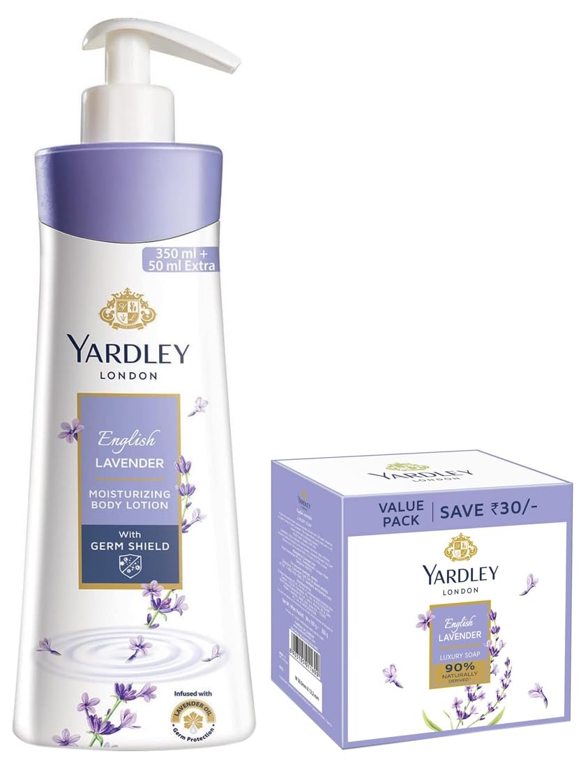 Yardley English Lavender Hand & Body Lotion for Women - 400ml (350ml + 50ml) & Yardley London English Lavender Luxury Soap Gift Set - 3 x 100g | Moisturizing & Relaxing Lavender Scent for Bath, Shower & Spa | Perfect for Dry Skin Care & Aromatherapy