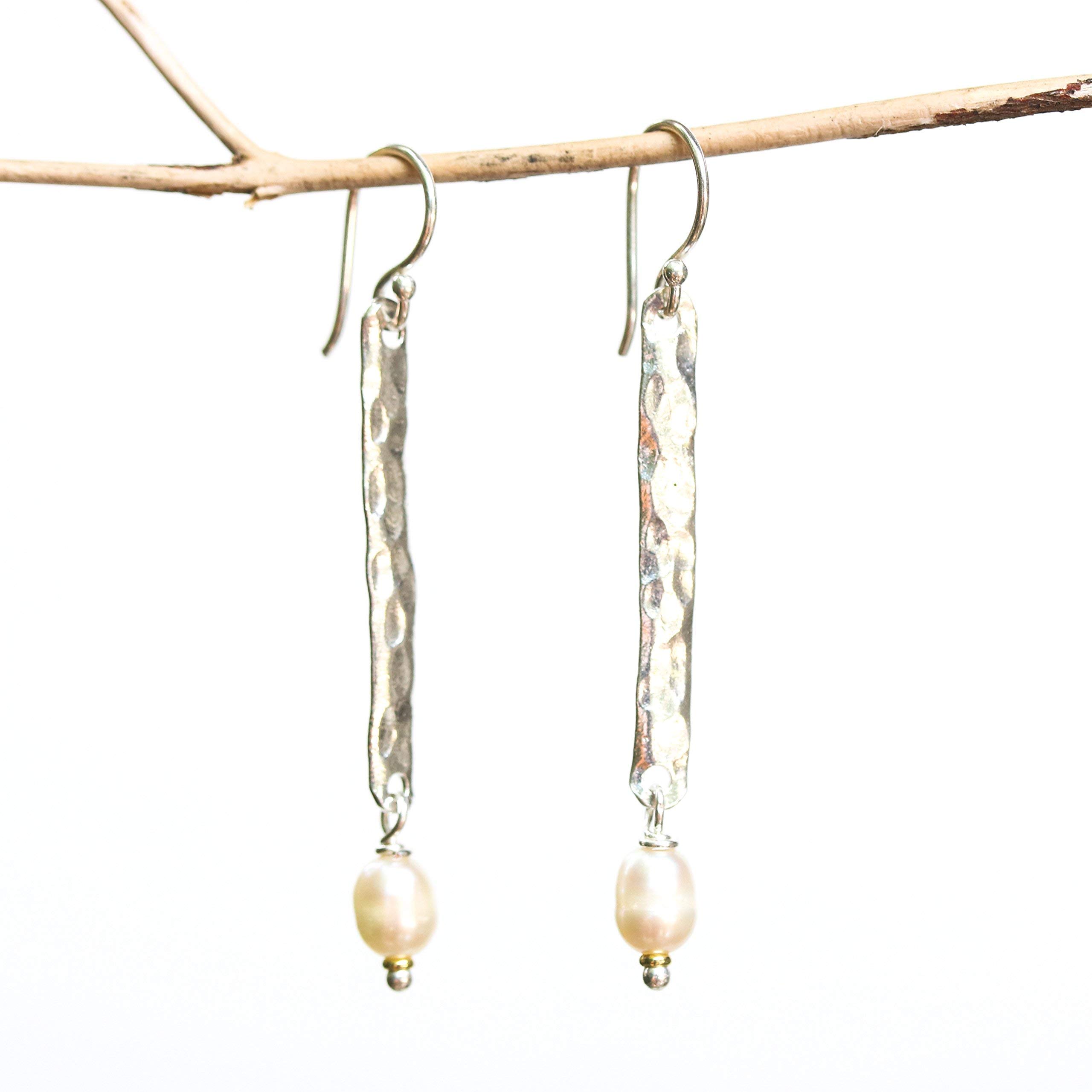 Hammered Sterling Silver Bar Earrings with White Freshwater Pearls - Elegant Dangle Hook Design for Women, Perfect for Weddings, Parties & Everyday Wear