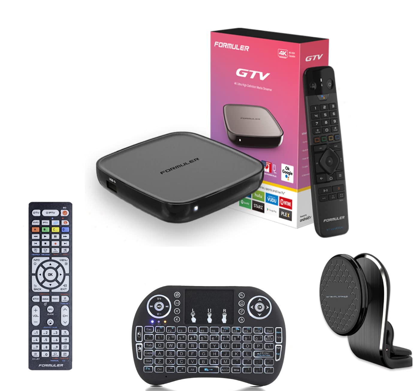 Formuler GTV Certified Android TV 9.0 Box with Bluetooth Remote - Includes 3-Color Keyboard, Car Vent Phone Holder & Universal Remote for Samsung/LG TVs - Perfect for Streaming, Gaming & Home Entertainment
