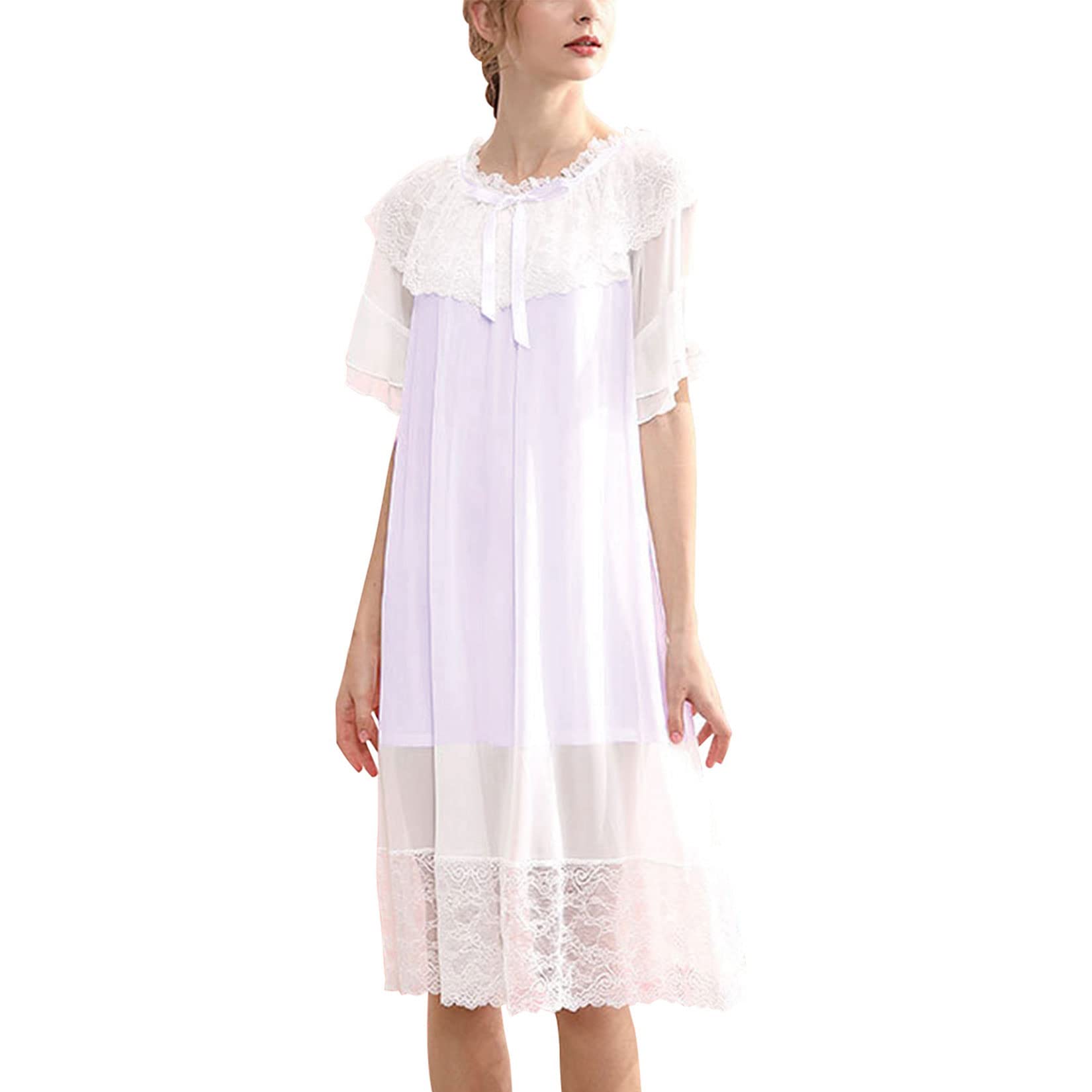 Victorian Vintage Nightgown for Women - Short Sleeve Retro Princess Sleepwear | Elegant Lace Sleep Dress for Bedtime, Lounge & Romantic Nights