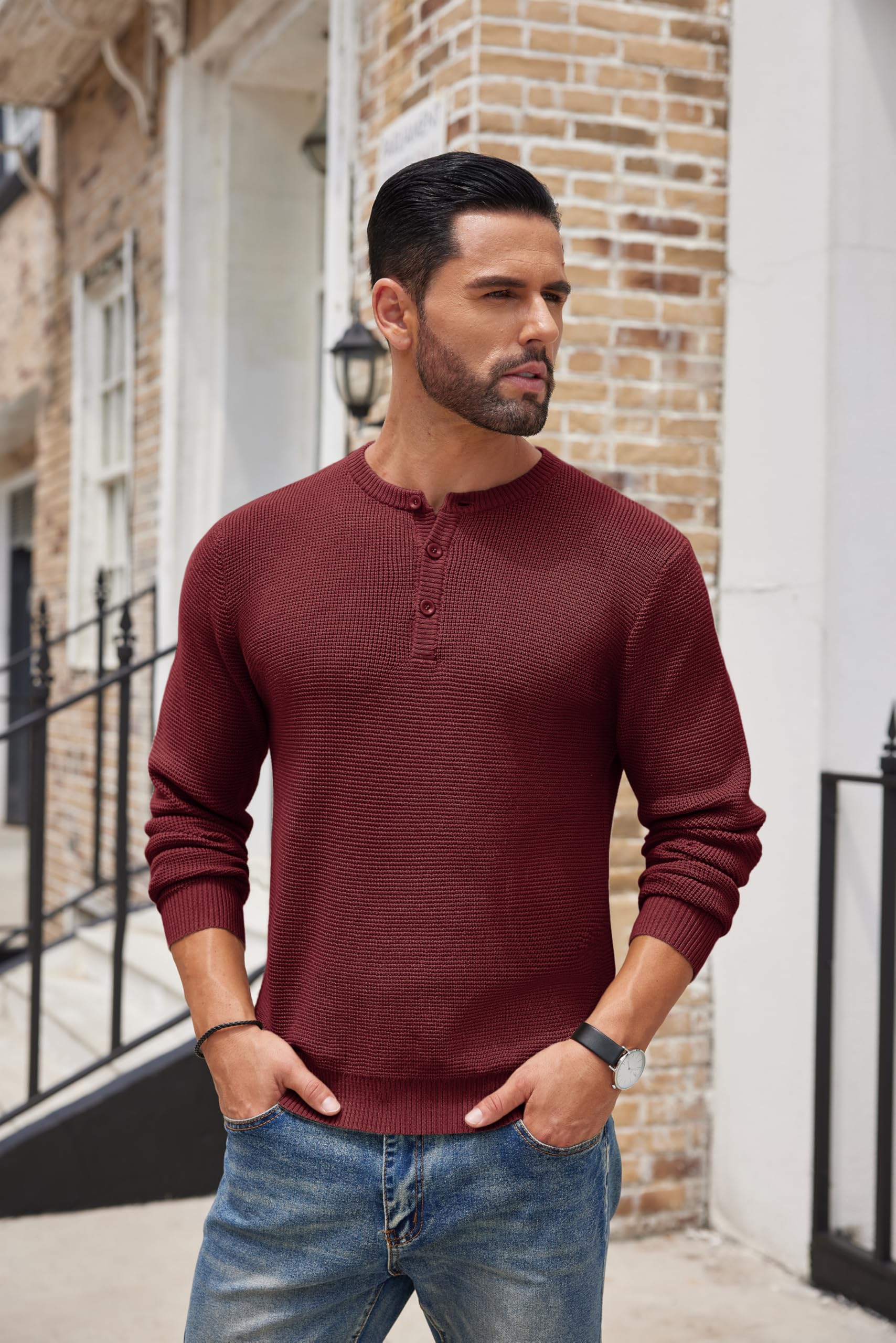 COOFANDY Men's Henley Knit Sweater - Long Sleeve Button Pullover with Waffle Texture | Casual Fashion Sweater for Men | Perfect for Fall, Winter & Date Nights