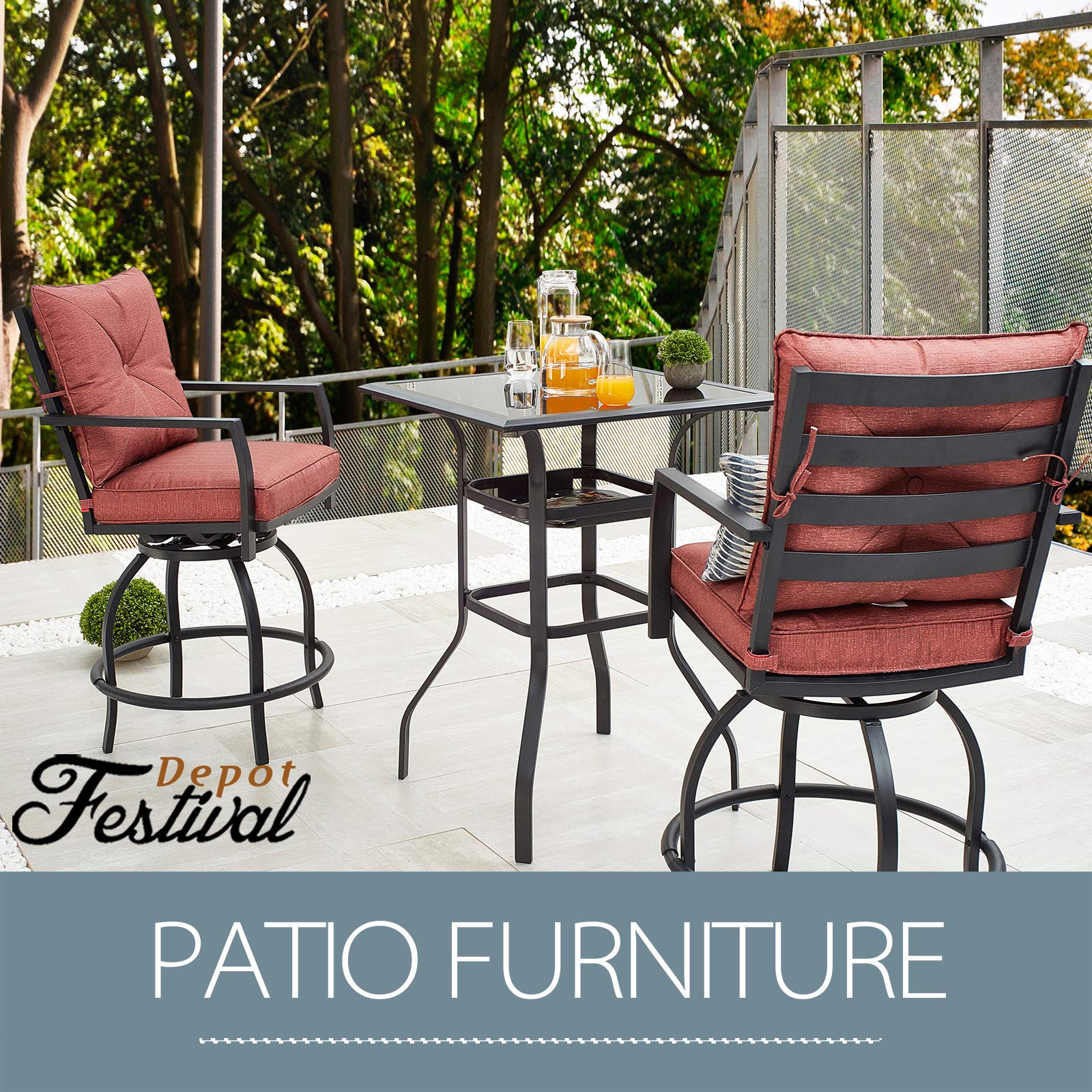 360° Swivel Patio Dining Set with Cushions - 3-Piece All-Weather Metal Outdoor Furniture (Bar Height Stools & Bistro Table) for Garden, Deck, Poolside - Perfect for Backyard BBQs, Outdoor Entertaining & Relaxing (Red)