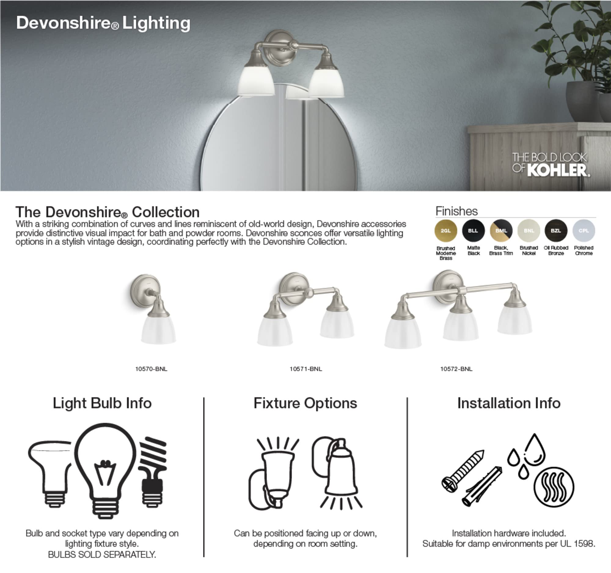 KOHLER Devonshire Brushed Moderne Brass Bathroom Vanity Light Fixture - Adjustable Wall Sconce with Up/Down Facing, UL Listed 1-Light - Perfect for Bathroom, Powder Room & Dressing Area Lighting
