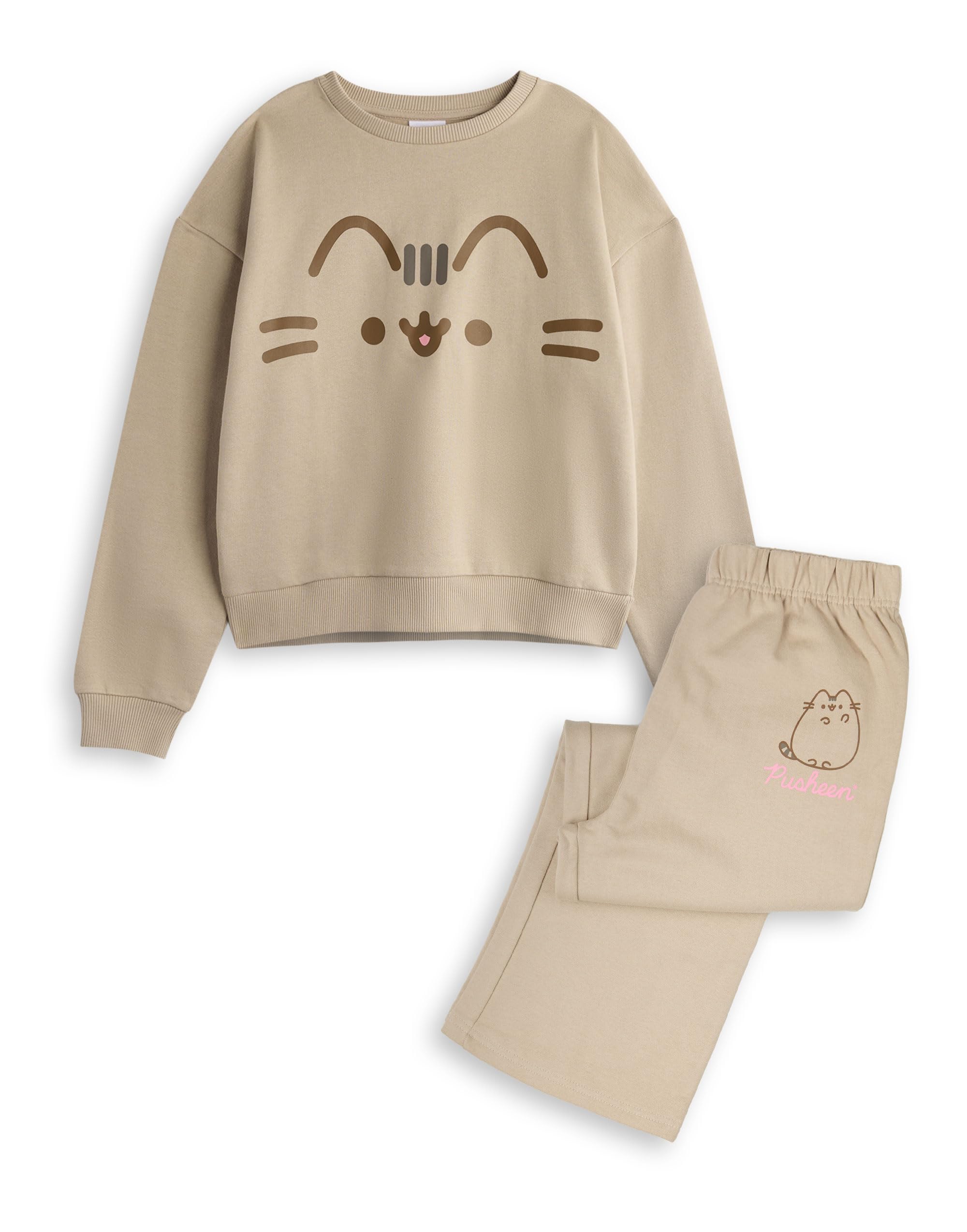 Pusheen Girls Sweatshirt and Joggers Set - Cute Big Face Graphic Print Hoodie & Pants in Beige | Kids Casual Outfit for School, Playdates and Cozy Home Wear