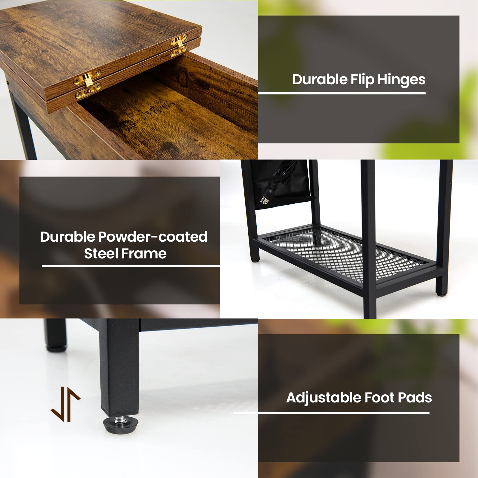 POWERSTONE 2-Piece Side Table Set with Charging Station & USB Ports - Flip Top End Table, Rustic Nightstand with Shelf & Fabric Bags - Narrow Bedside Table for Living Room, Bedroom - Perfect for Small Spaces & Device Charging