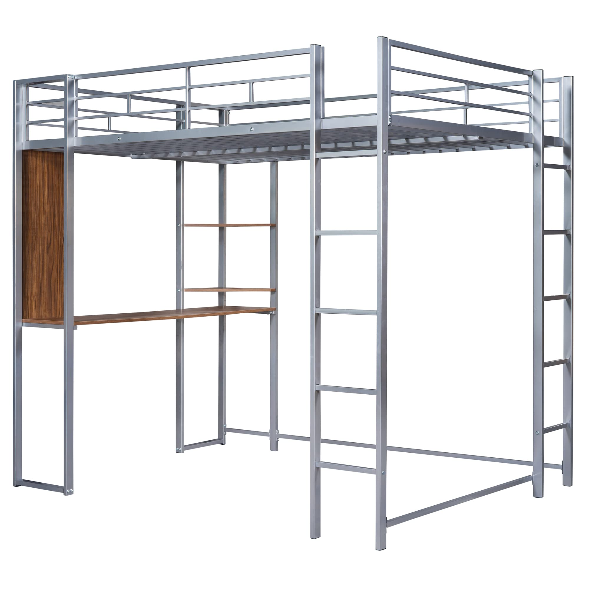 Full Size Metal Loft Bed Frame with Built-in Desk & Shelves - Sturdy Ladder & Safety Guardrails - Space Saving Bedroom & Guest Room Furniture - Perfect for Small Spaces, Dorms & Apartments (Silver)