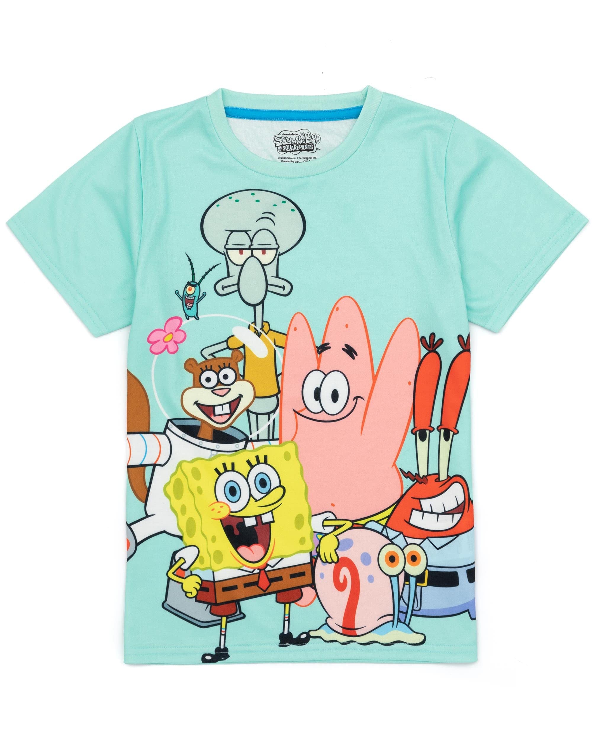 SpongeBob SquarePants Kids Pajama Set - Blue Short Sleeve T-Shirt & Shorts PJs for Boys & Girls | Squidward Patrick Mr Krabs Gary Characters | Soft Cotton Loungewear for Sleepovers & Movie Nights | Official SpongeBob TV Show Merchandise Gift