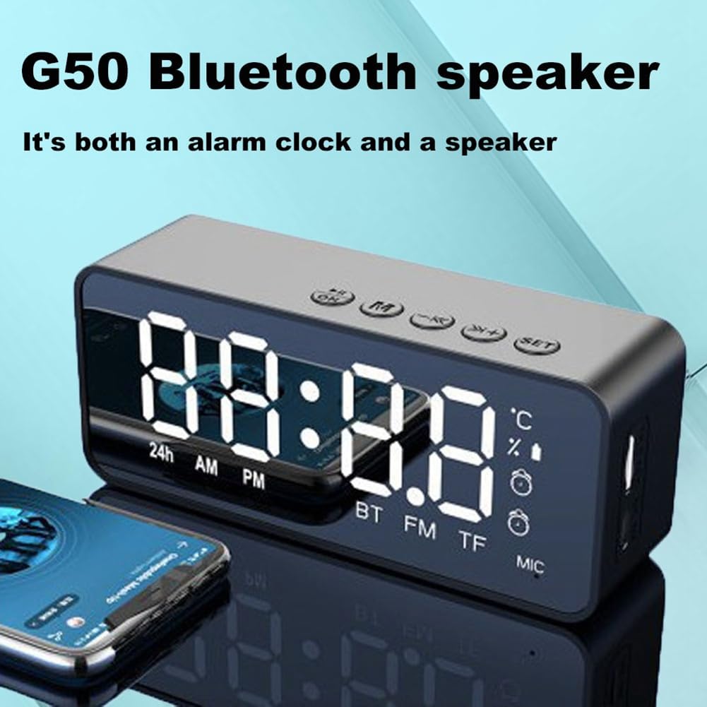 TYREE G50 Wireless Bluetooth Speaker with Alarm Clock, FM Radio, Temperature Display, and Mirror - Portable Mini Audio for Home, Office, Travel & Outdoor Use - Easy to Use Black Speaker