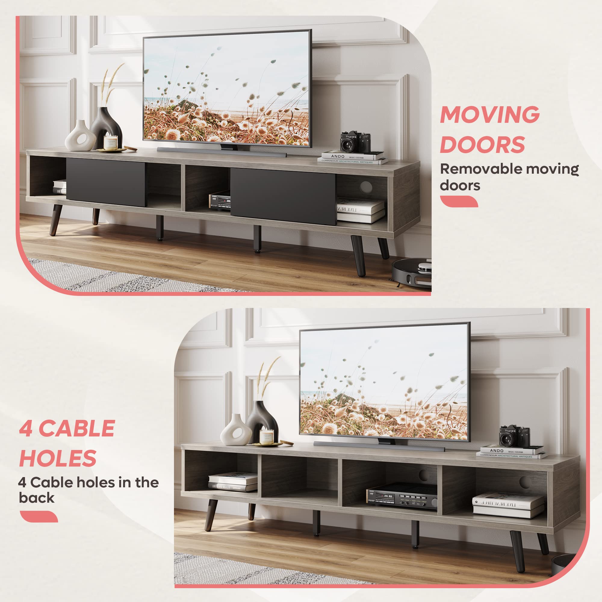 Bestier 70 Inch Modern TV Stand for 75 Inch TVs - Low Profile Entertainment Center with Storage & Cord Management - Gray Wash - Perfect for Living Room, Bedroom & Home Theater Setup