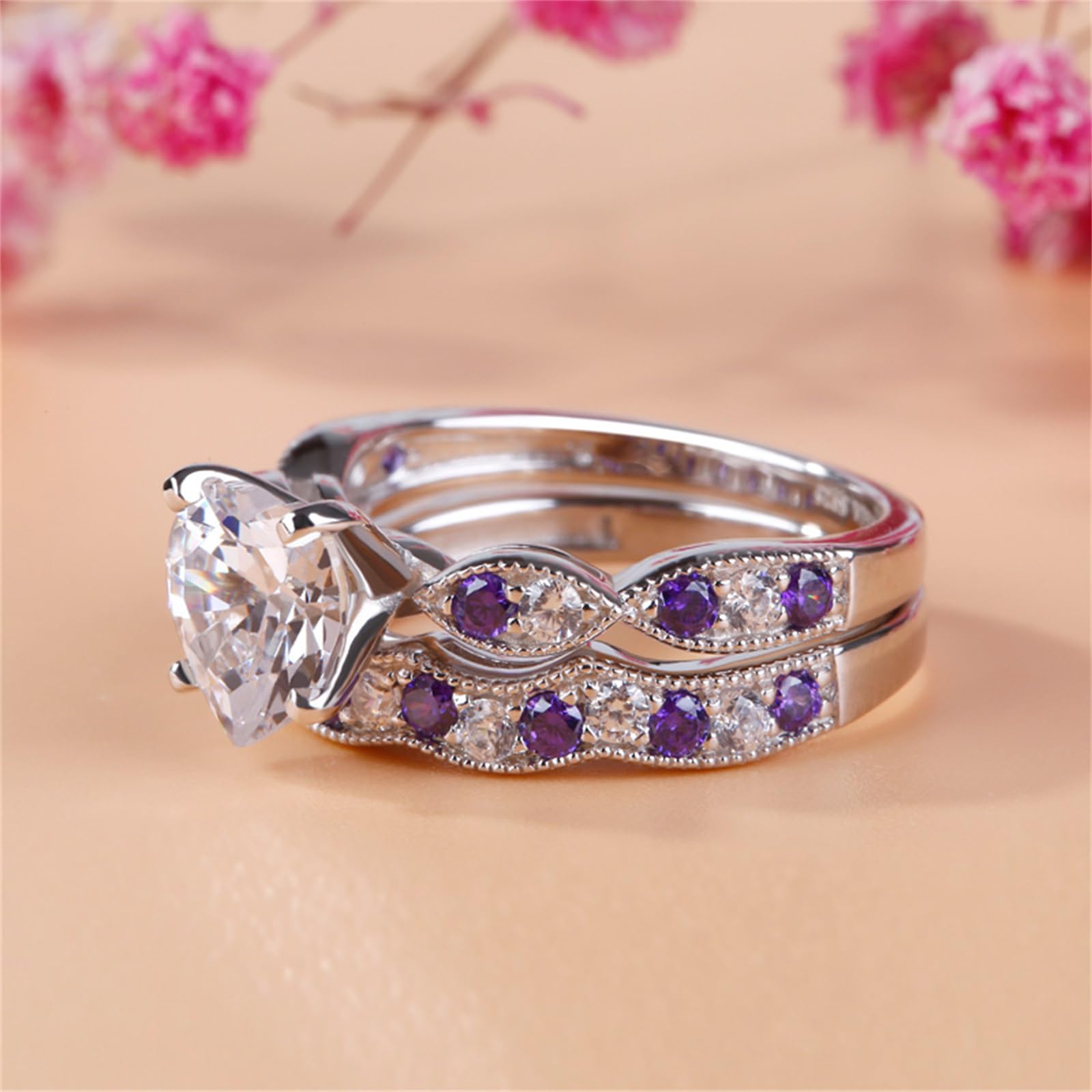 Jeulia 3 Carat CZ Solitaire Engagement Ring Set - Halo Milgrain Heart Cut Sterling Silver Wedding Band for Women | Perfect for Proposals, Anniversaries & Bridal Jewelry Gifts