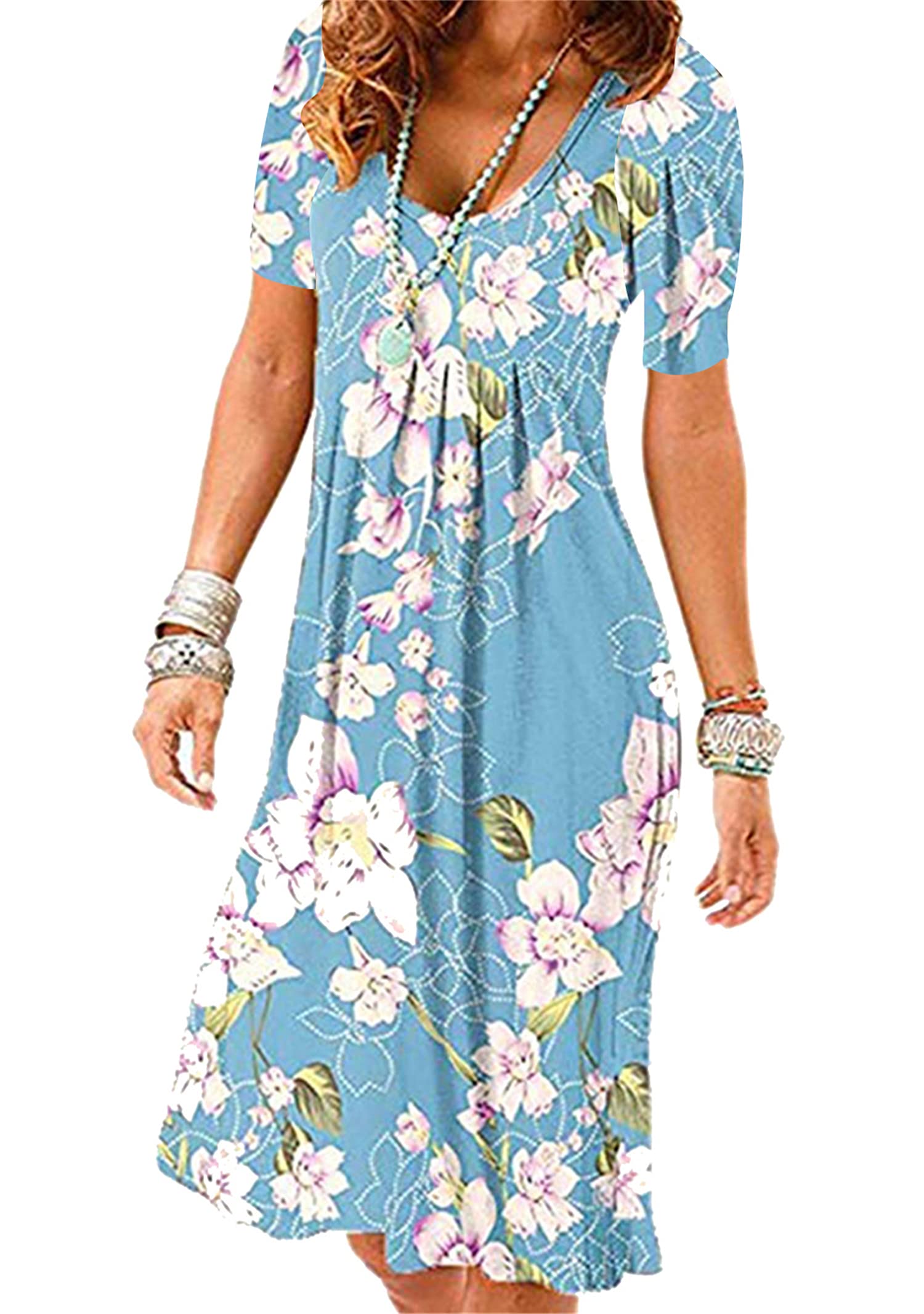 YMING Women's Plus Size Floral Print Pleated Summer Dress - Short Sleeve Crew Neck A-Line Swing Sundress for Beach, Vacation & Casual Wear