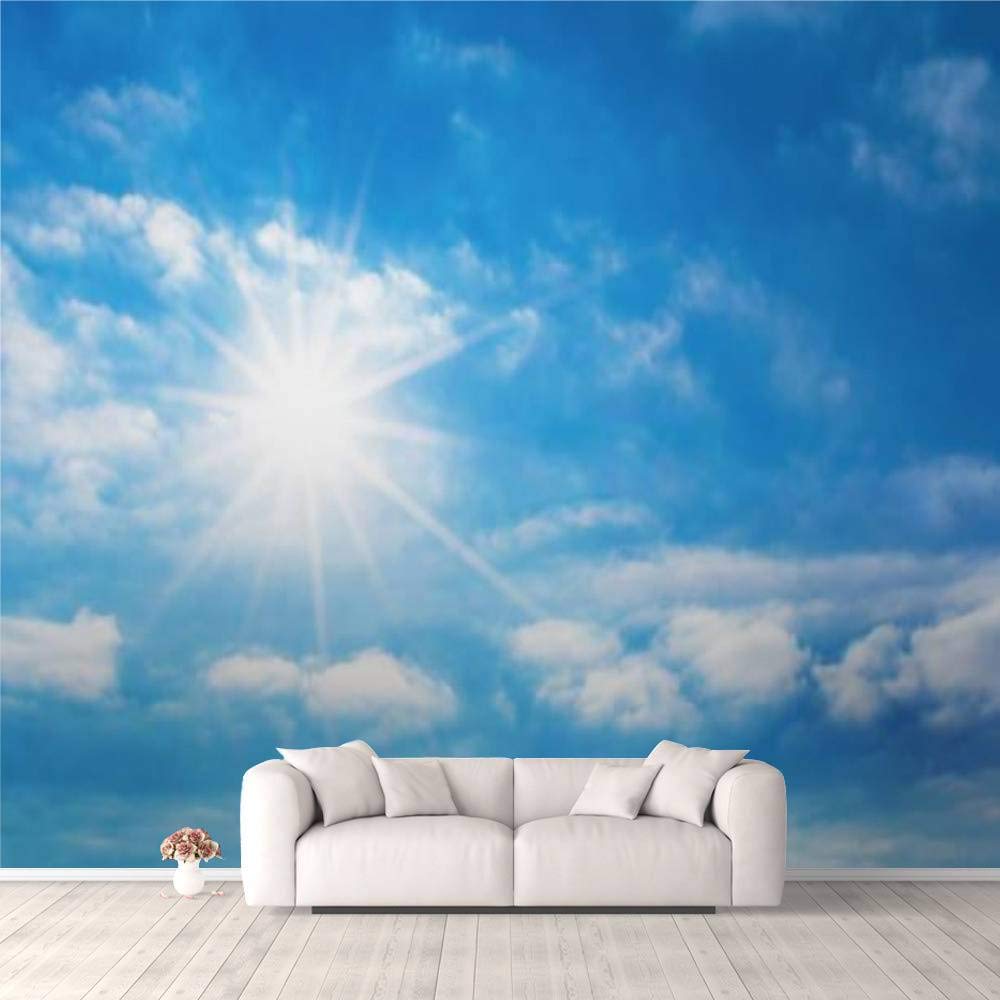 3D Self-Adhesive Wallpaper - Sun with Bright Rays in Blue Sky & White Clouds | Peel & Stick Wall Mural for Bedroom, Living Room, Dorm Decor | Easy to Apply on Walls, Ceiling & Wardrobes | Perfect for Home, Office & Nursery Renovation